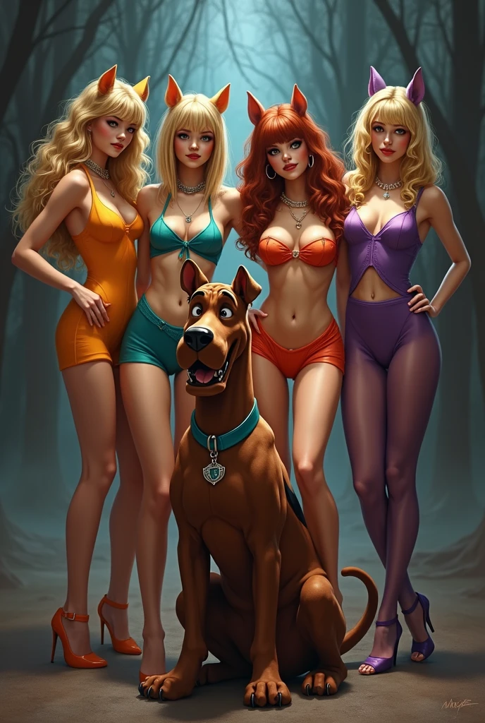 NSFW (nude) (Daphne Blake (human) sparse pubic hair), red hair, full body, blowjob (Scooby Doo, four footed Great Dane dog with dog penis) on a deserted beach