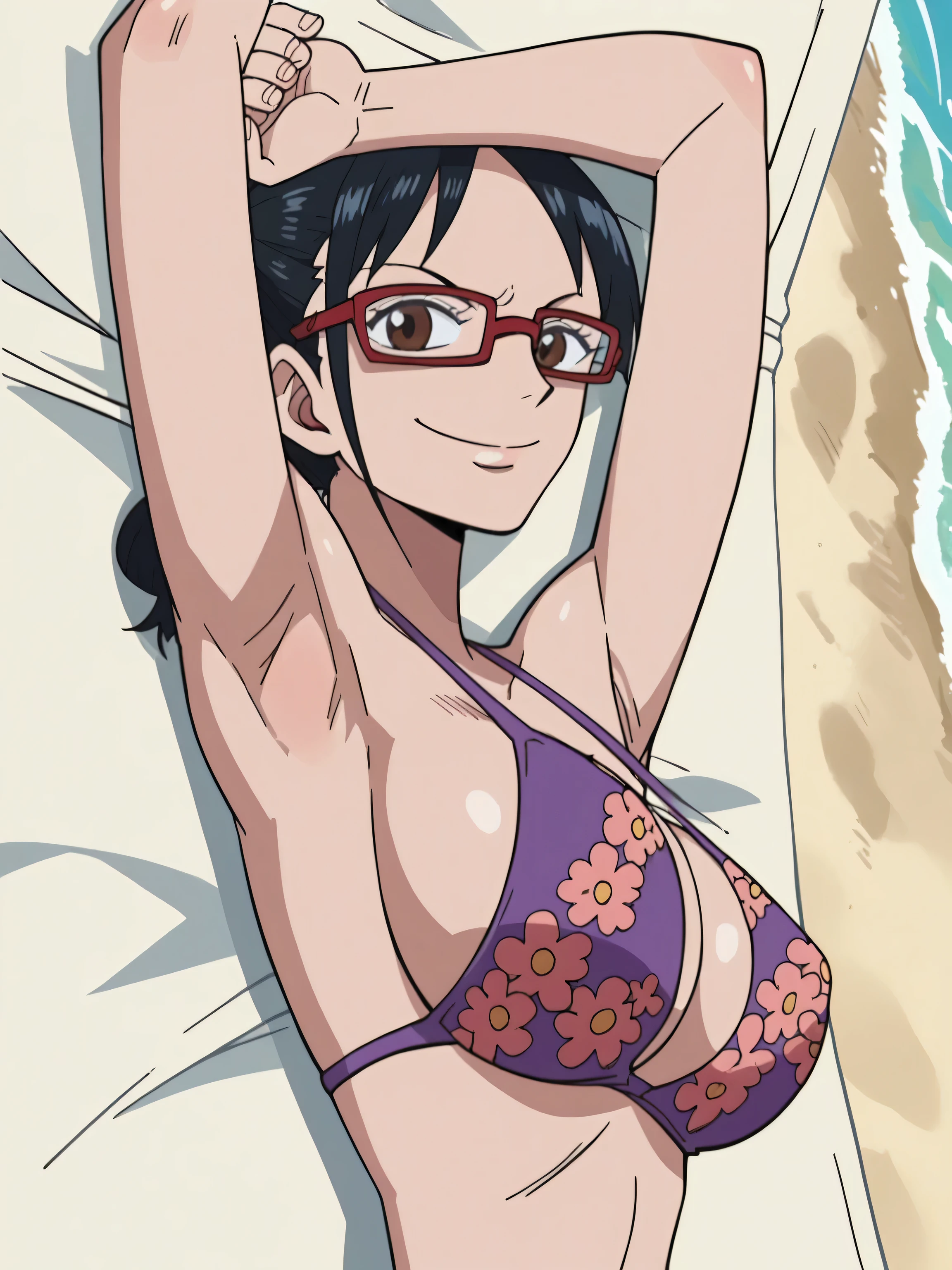 score_9, score_8_up, score_7_up, source_anime, anime screencap, one_piece_style, outdoors, day, beach, 1girl, solo, tashigiSDXL, large breasts, brown eyes, black hair, glasses, bikini, purple bikini, floral print, looking at viewer, head towards viewer, arms up, raised arms, armpits, smile, closed mouth, confident, lying on towel, from side, from above 