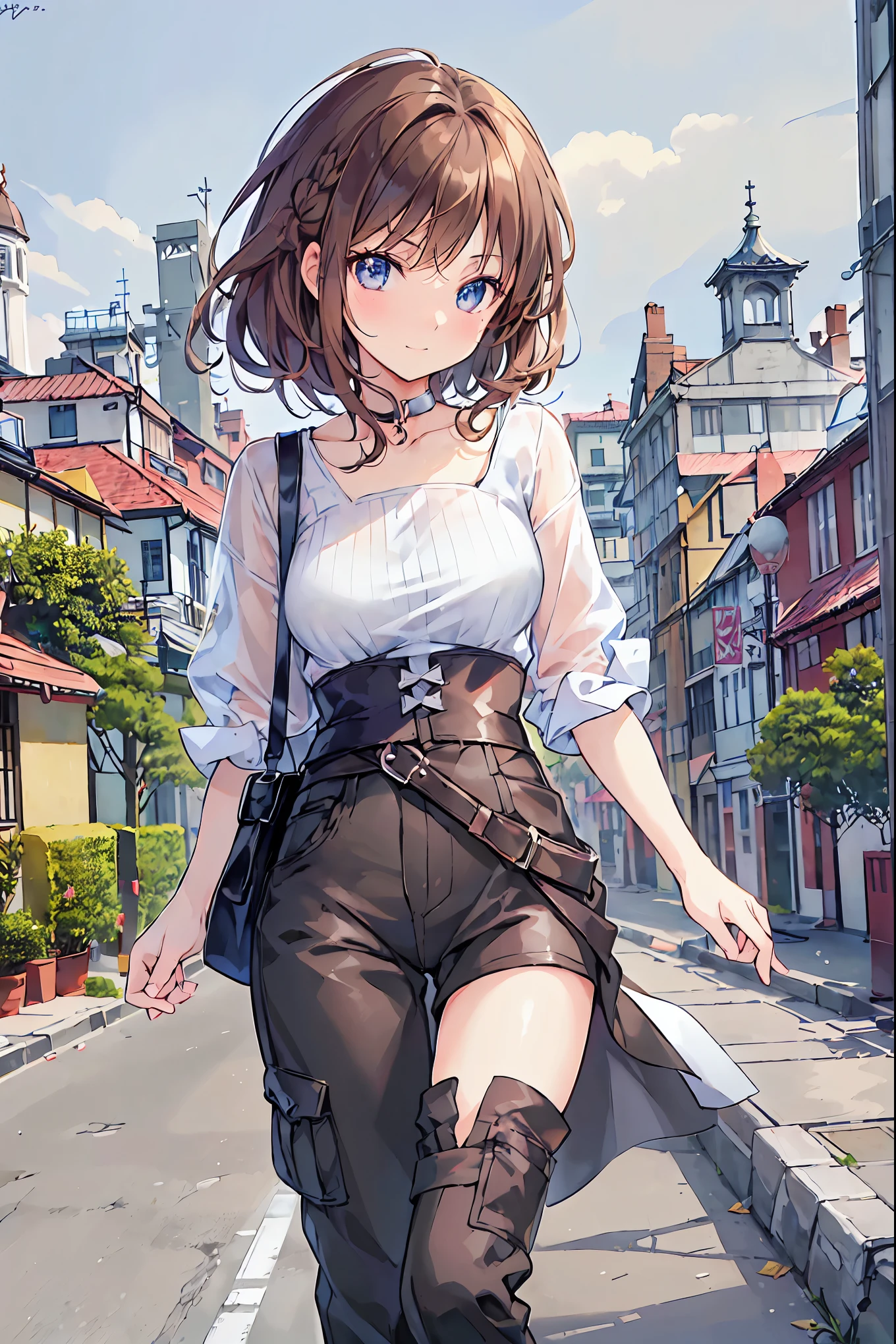 Milly\(milly)\, ponytail, brown eye, large breasts <lora:Milly_The_Aristocrat_s_Otherworldly_Adventure_Serving_Gods_Who_Go_Too_Far-000006:0.8>, wearing  a [dress: jacket: 25], park, masterpiece, more details, more lines, best quality, (back to viewer), wear a bag on the back, look at viewer