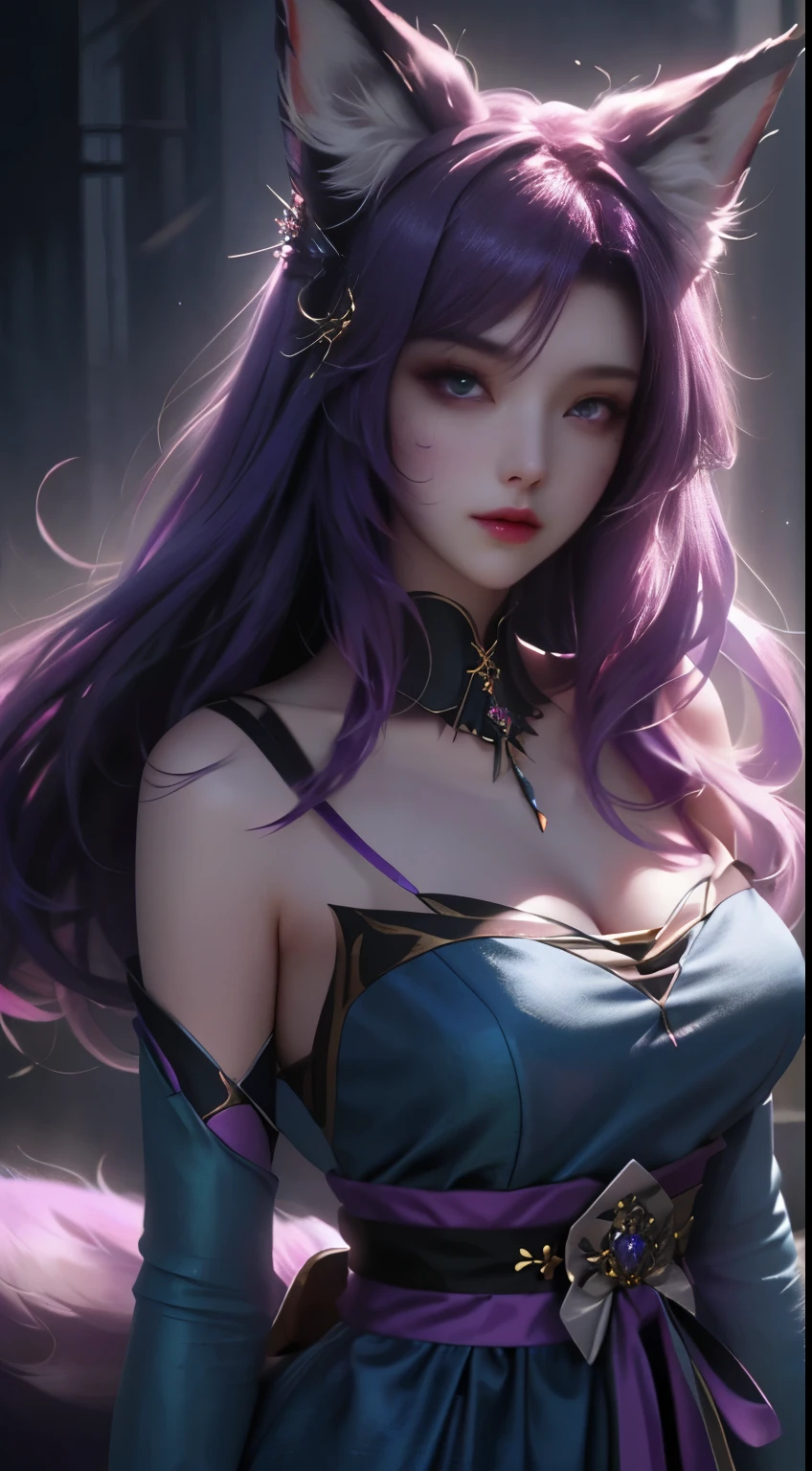 Purple Hair Long Wavy Hair Red Eyes beautiful girl Cape Big Breasts anime