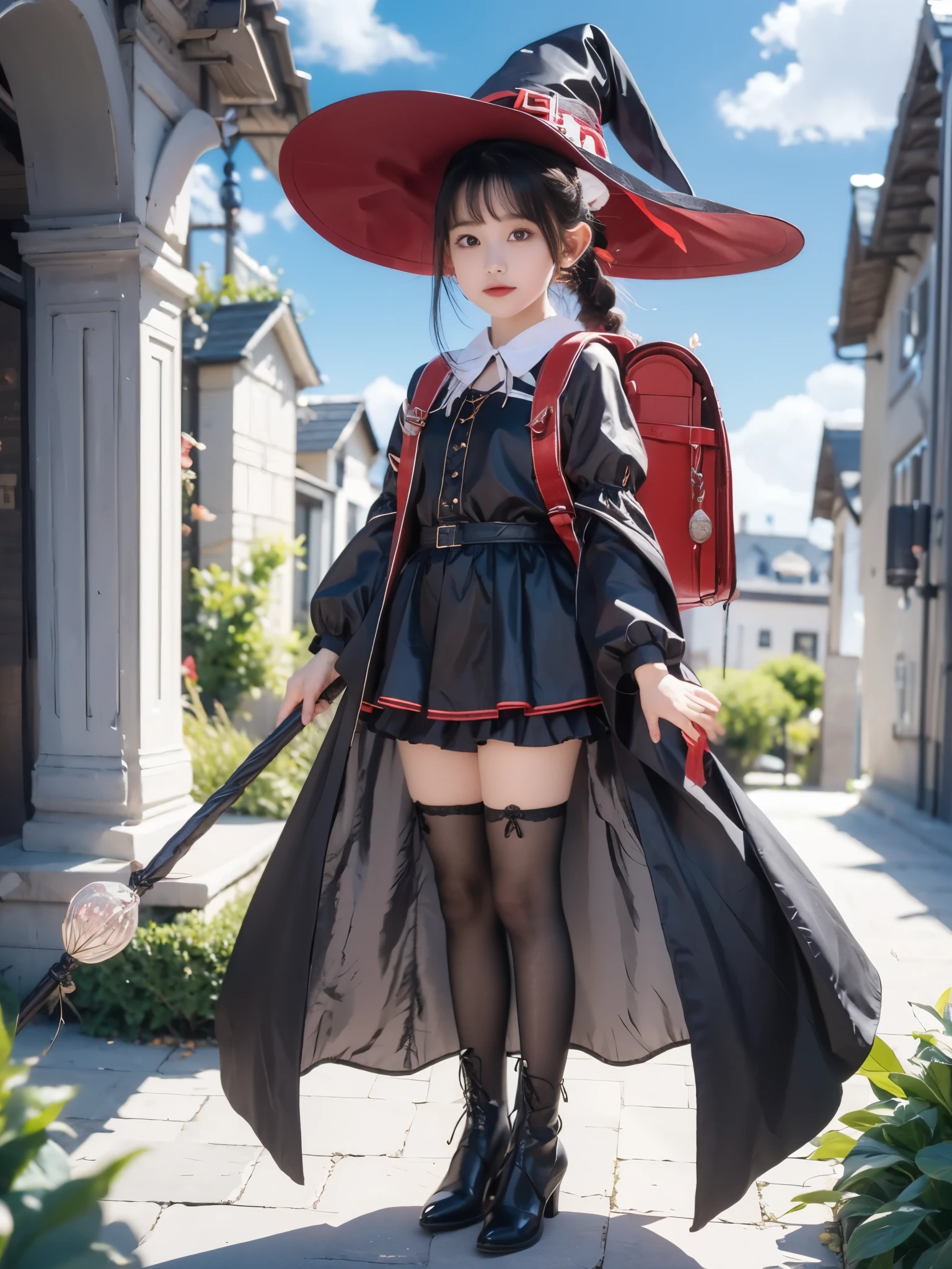 (iwanagavestido:1.2), (Iwanagakotoko:0.9),(boina:1.8), Iwanaga Kotoko, 1girl, boina, lazo negro, falda azul, arco, brown footwear, perro, vestido, Lazo de pelo, tiene, tenencia, Holding the cane, Mangas Julieta, brown light hair, mangas largas, Mirando al espectador, enagua, mangas hinchadas, purple eyes, pelo corto, falda, solamente, Correa para el muslo, muslosaltos, vestido blanco, Sombrero blanco, muslos blancos, Kyokou Suiri