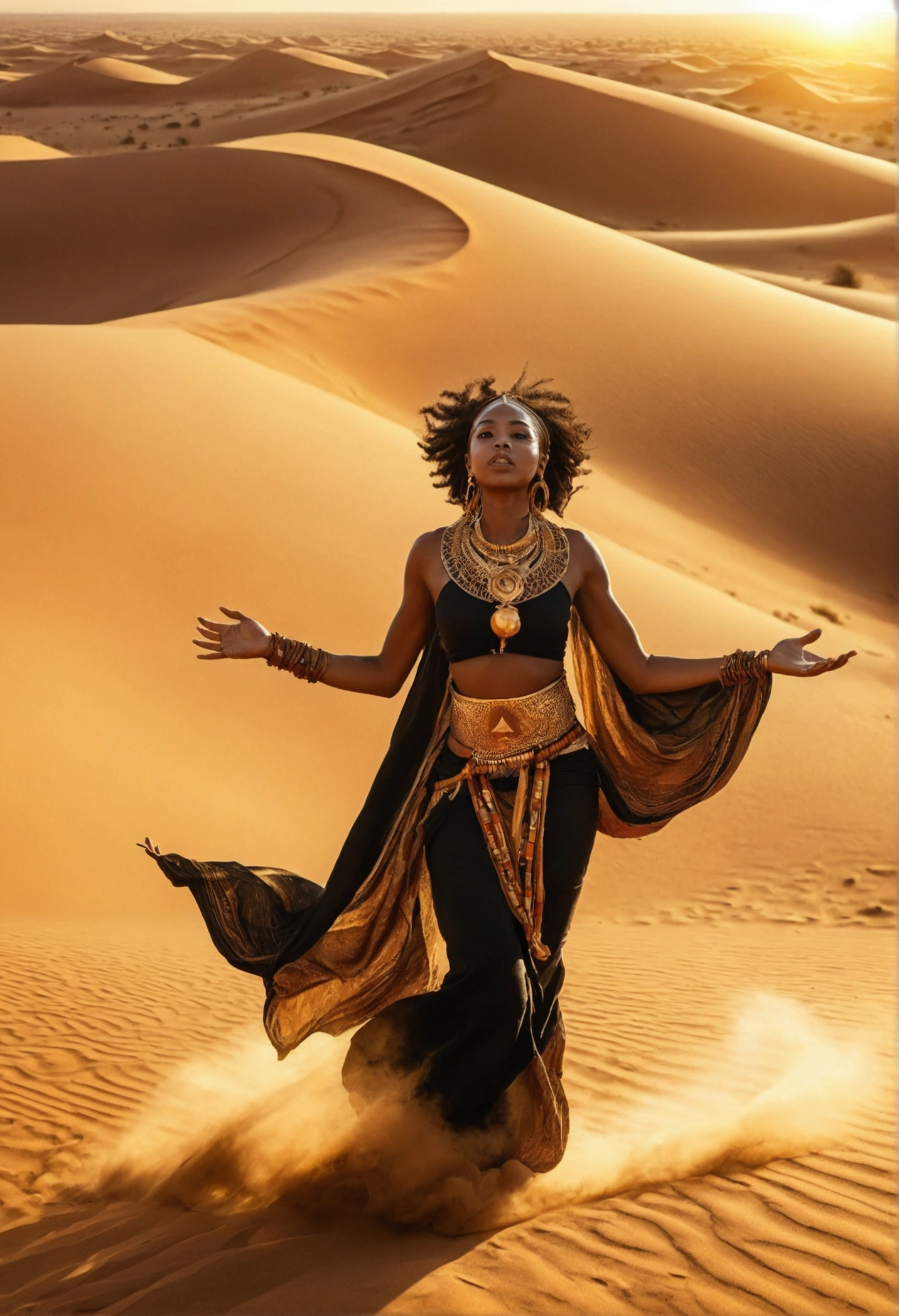 a dominant woman in a headscarf holding a severed penis in one hand, naked male slaves kneeling in front , There are pyramids of Egypt in the background. In the sky " Queen Salome" writes.