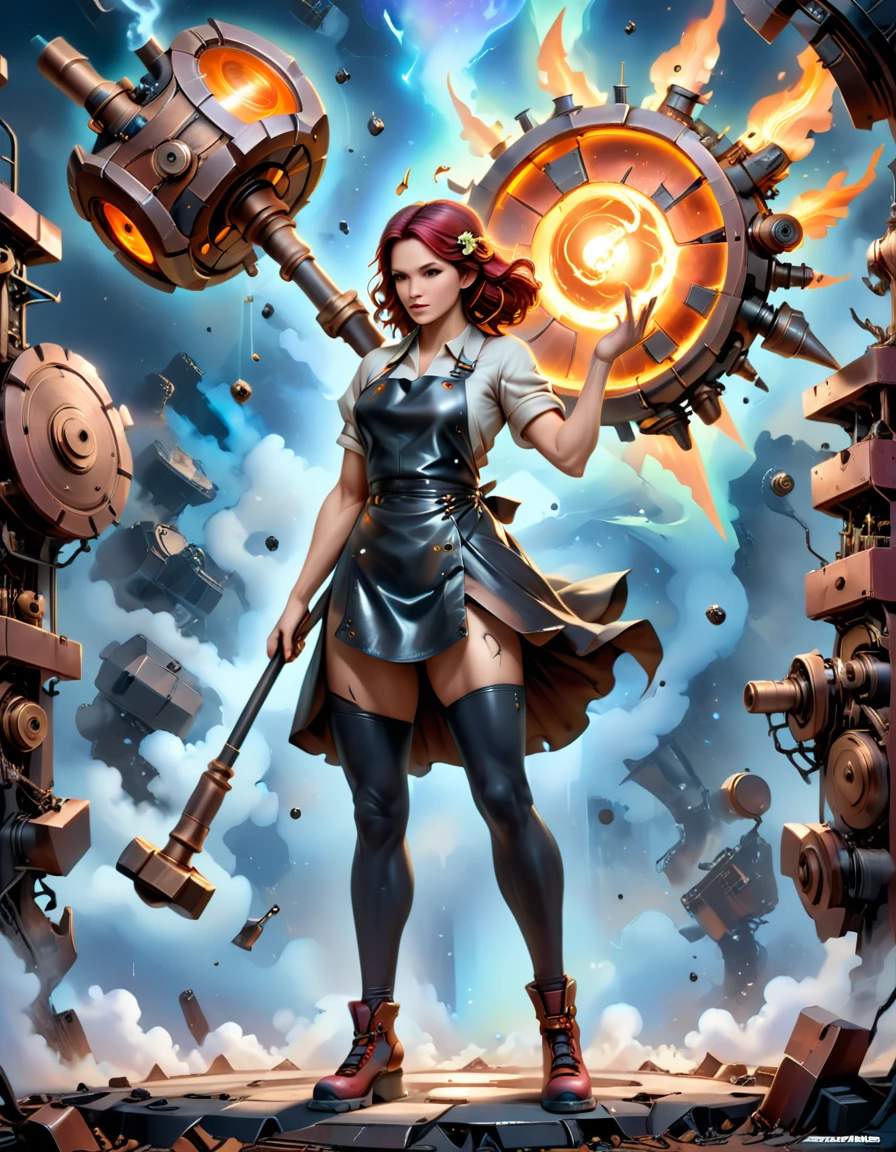 (sfw), (wide angle), 1woman, goddess of the forge, Hephaestus, ((blacksmith woman)), middle-aged woman in her 40s, slim toned physique, medium length wavy crimson hair that ombres to black, (red to black ombre hair), burn scars on chest and arms, (wearing leather apron, apron with glowing symbols), (tight black button up shirt) , (wearing skin tight white leggings), ((swings a huge smithy hammer in one hand, over her head)), smith's hammer is glowing green, she stands at an angelic anvil, (set inside a massive robotic factory:1.37), intricately detailed facial features, detailed piercing eyes, refined jawline, masterpiece, 8k, ((hyper realistic)), 3/4 profile view, cinematic lighting, dramatic shadows, warm color tones, intricate details, action poster art style, glowneon, battle hammer, hyperkraximalism