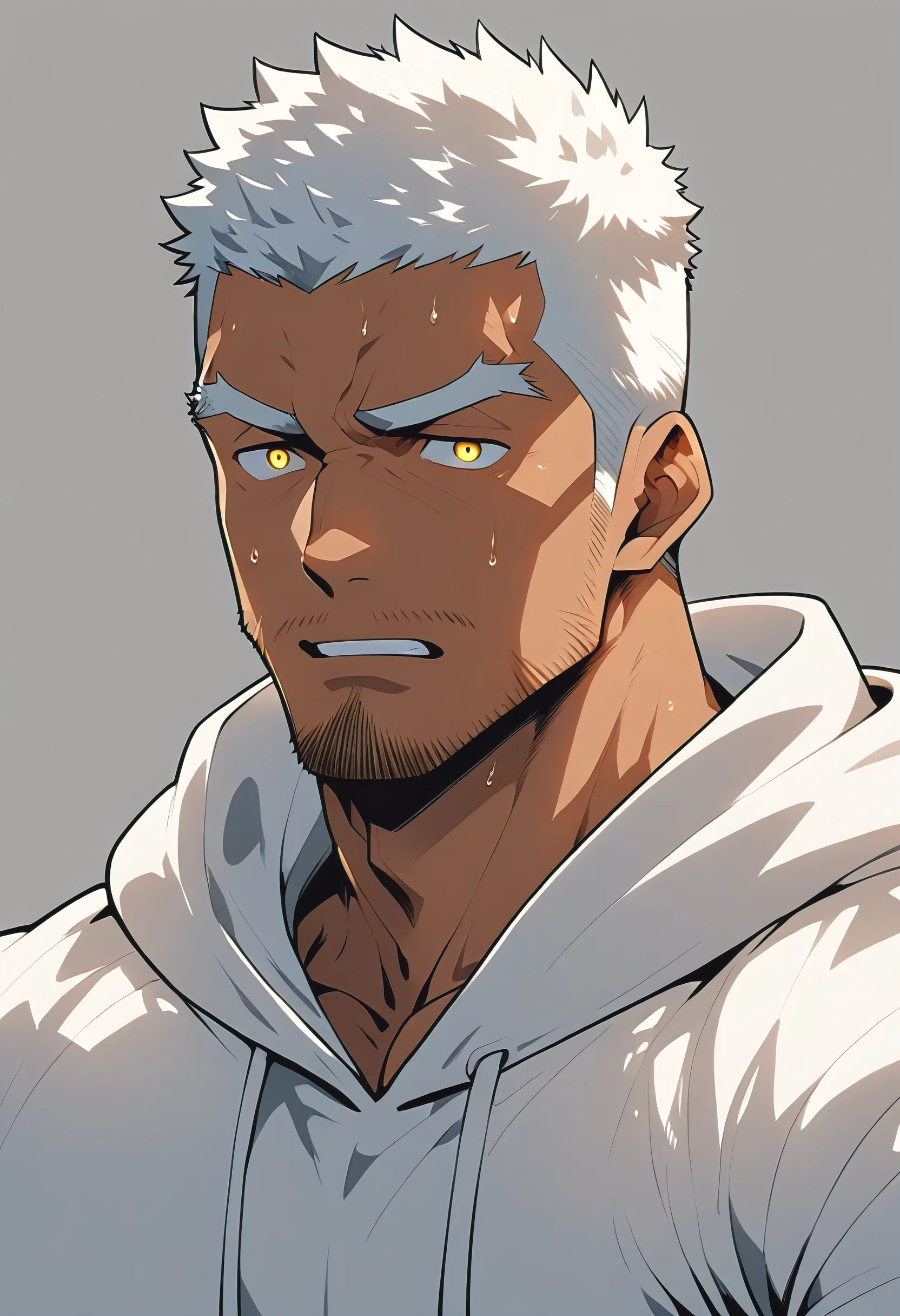 negro, anime characters：Gyee, Young Muscle Sports Sexy Teacher, sweat, negro black skin, Manliness, male focus, milky White long-sleeved hooded sweatshirt, Wear a black high-necked tights inside, Very tight, muscular male, muscular, only, Upper body, White short hair, Thick eyebrows, stubble, Yellow eyes, Grey background, simple background, amazing quality, best aesthetics, Ridiculous, bright pupils, crew cut, parted lips, embarrassed, endured face, Aggrieved expression, best quality