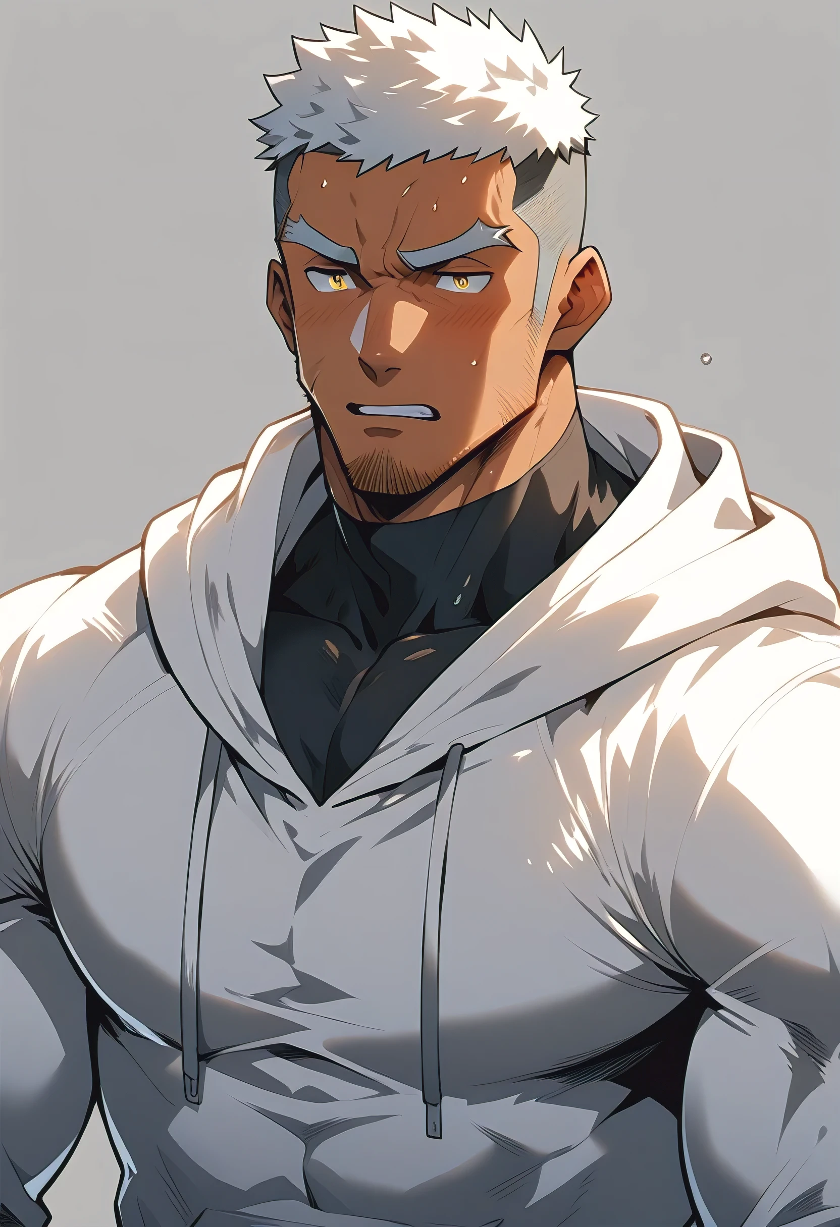 negro, anime characters：Gyee, Young Muscle Sports Sexy Teacher, sweat, negro black skin, Manliness, male focus, milky White long-sleeved hooded sweatshirt, Wear a black high-necked tights inside, Very tight, muscular male, muscular, only, Upper body, White short hair, Thick eyebrows, stubble, Yellow eyes, Grey background, simple background, amazing quality, best aesthetics, Ridiculous, bright pupils, crew cut, parted lips, embarrassed, endured face, Aggrieved expression, best quality