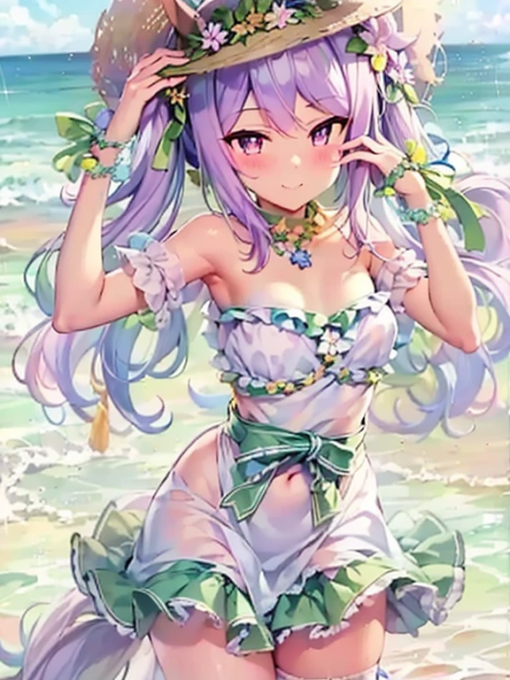 (best quality, high resolution, masterpiece:1.2),1girl, solo, Beautiful girl, perfect face, purple eyes, perfect eyes, purple hair, ((Very long side hair :1.3)), (horse ears:1.3), (Hidden side ears:1.2), (Low Twin tails:1.3), (White One-piece dress:1.3), Green Bikini, bare shoulders, Off-the-shoulder dress, Sheer dress, (Green Frills dress, Green Frills:1.3), Elegant smile, Hair Accessories, Hair Flower, necklace, bracelet, Green ribbon, Small breasts, Quite flat bust, (Belly button:0.9), Tight waist, (cowboy shot:1.2), Blue sky and sandy beach background, 8K, textured skin, masterpiece, anatomically correct, UHD