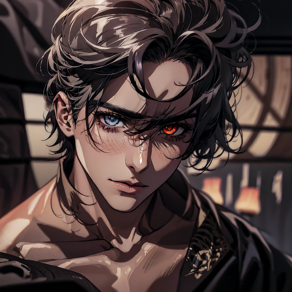 ((tmasterpiece)),(((beste-Qualit))), Close-up of crying man with brown hair and white body kneeling, standing next to him, character close up, Subsurface scattering skin, Attractive humanoid, (vampires), no shirt, high detail, stylized portrait, character close up, Only the head and torso, androgynous face, Skinny fantasy man, Fan art, Art, handsome male, pale skin, red-eyes, Skinny face, sunken cheeks, Sharp fangs, A sad deep look, Sad, Crying, Melancholic appearance, sharp chin, Smooth face, black cloak, Dark clothes, earring in the ear, Hair gradient, hair color from brown to red, thin eyebrows, short hair on the side, Pixie hairstyle, Wavy Hair, Dark Forest, the night, dim moonlight, Silvery mist