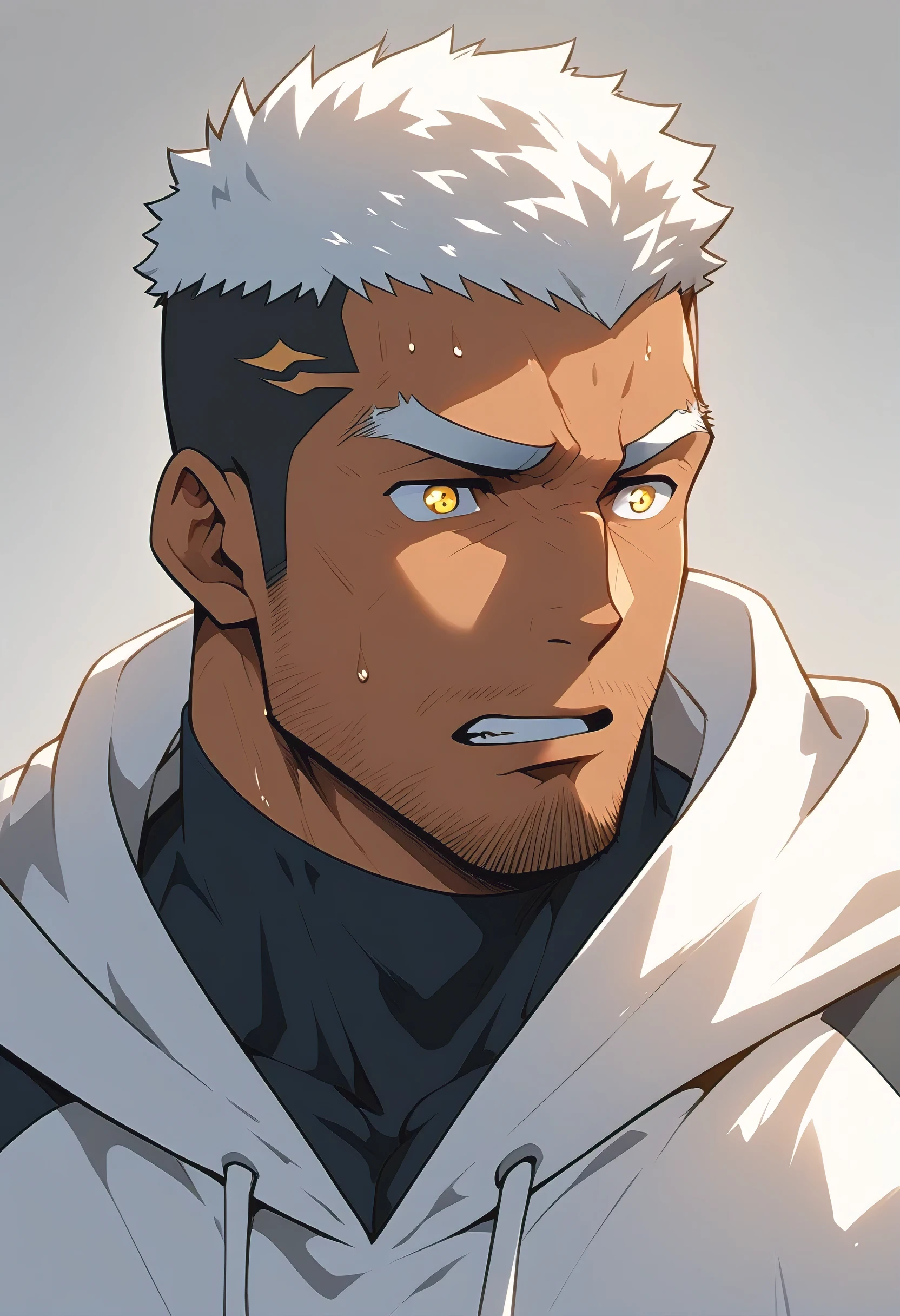 negro, anime characters：Gyee, Young Muscle Sports Sexy Teacher, sweat, negro black skin, Manliness, male focus, milky White long-sleeved hooded sweatshirt, Wear a black high-necked tights inside, Very tight, muscular male, muscular, only, Upper body, White short hair, Thick eyebrows, stubble, Yellow eyes, Grey background, simple background, amazing quality, best aesthetics, Ridiculous, bright pupils, crew cut, parted lips, embarrassed, endured face, Aggrieved expression, best quality