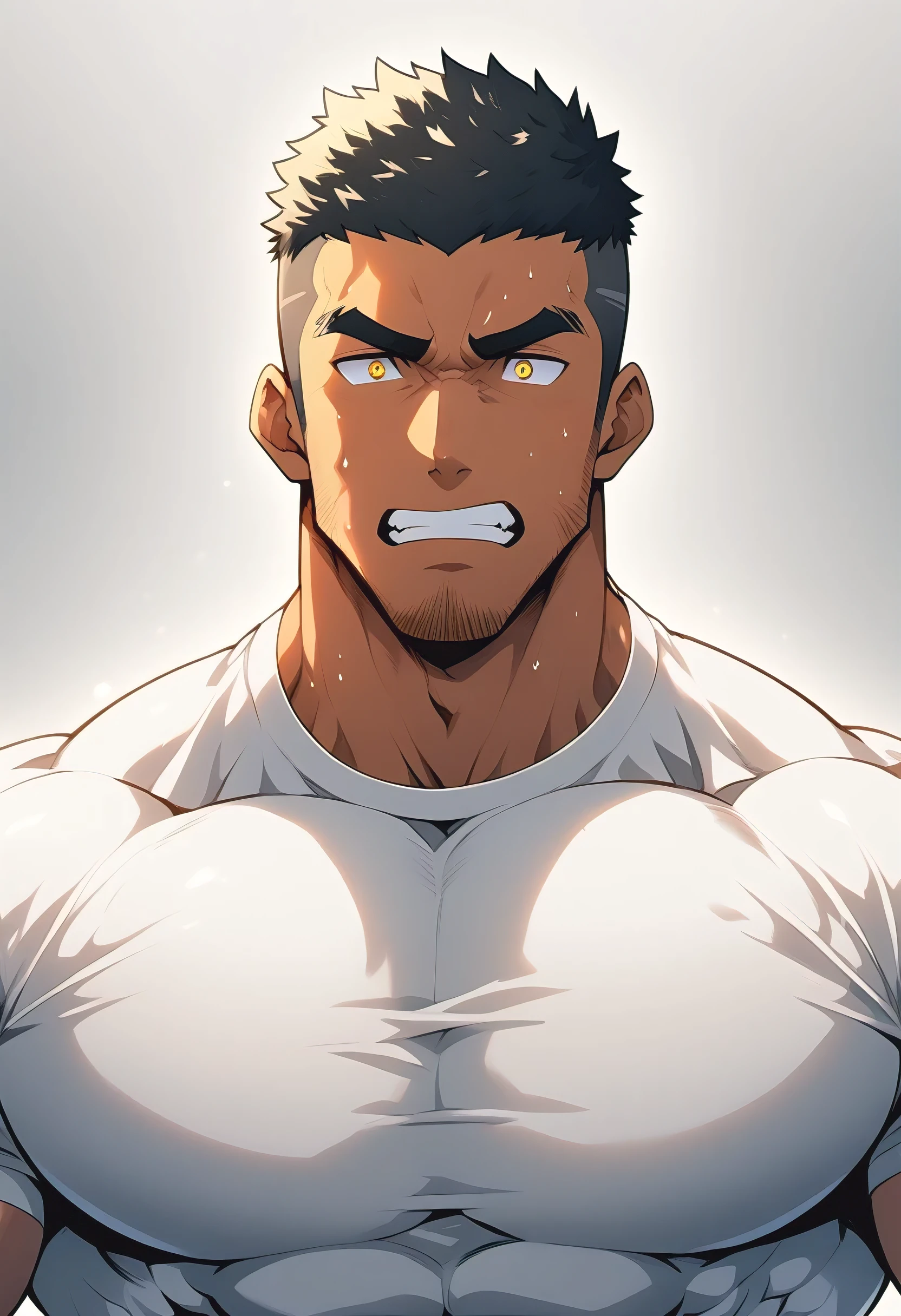 anime characters：Gyee, Young Muscle Sports Sexy Police, sweat, negro black skin, Manliness, male focus, White tight shirt, Handsome shirt, Very tight, muscular male, Huge and round chest muscles, Perfect muscle waist, only, Upper body, alone, Black short hair, Thick eyebrows, stubble, Yellow eyes, Grey background, simple background, amazing quality, best aesthetics, Ridiculous, bright pupils, crew cut, parted lips, Gritting teeth expression, He felt very aggrieved, endured face, best quality