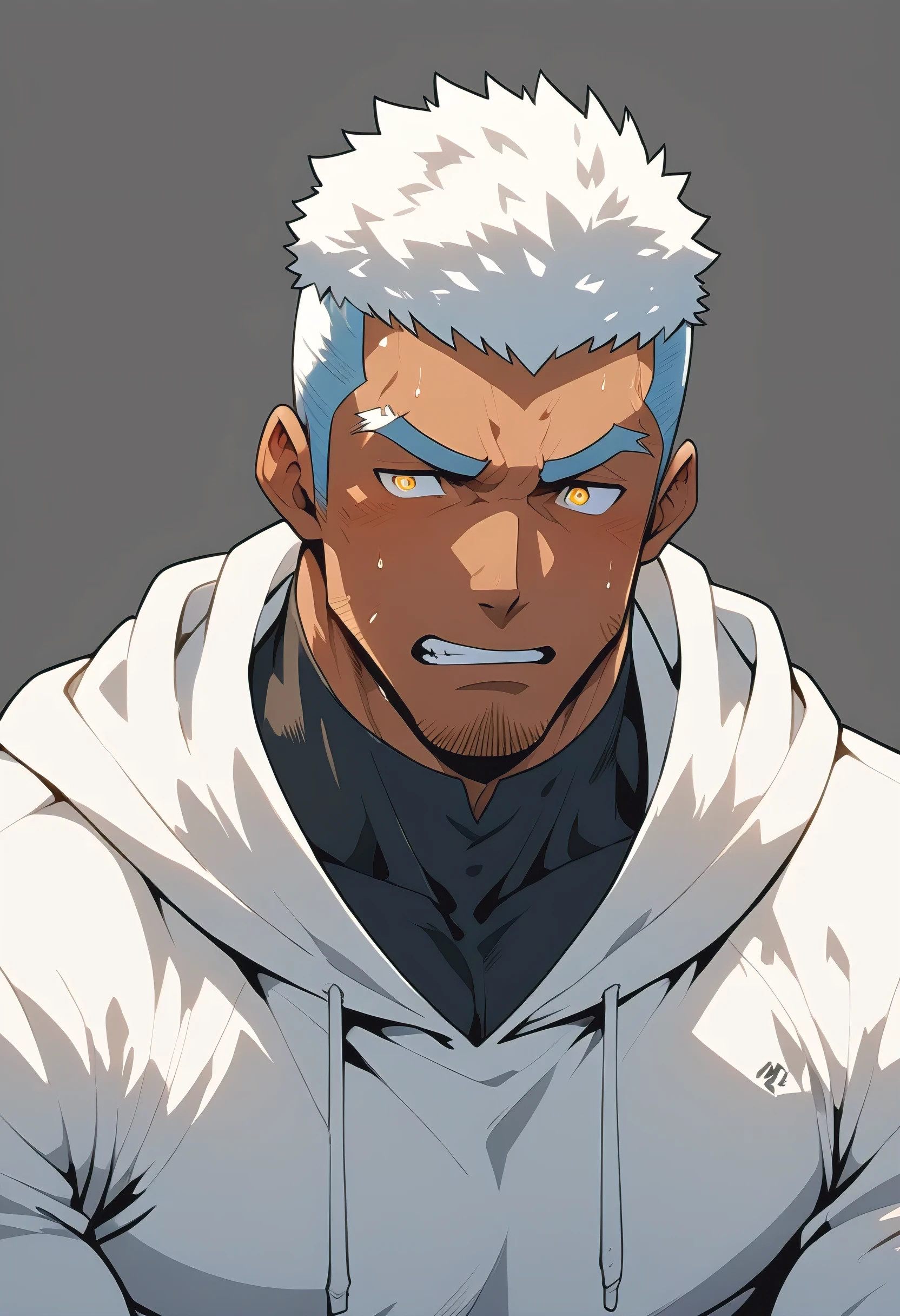 negro, anime characters：Gyee, Young Muscle Sports Sexy Teacher, sweat, negro black skin, Manliness, male focus, milky White long-sleeved hooded sweatshirt, Wear a black high-necked tights inside, Very tight, muscular male, muscular, only, Upper body, White short hair, Thick eyebrows, stubble, Yellow eyes, Grey background, simple background, amazing quality, best aesthetics, Ridiculous, bright pupils, crew cut, parted lips, embarrassed, endured face, Aggrieved expression, best quality