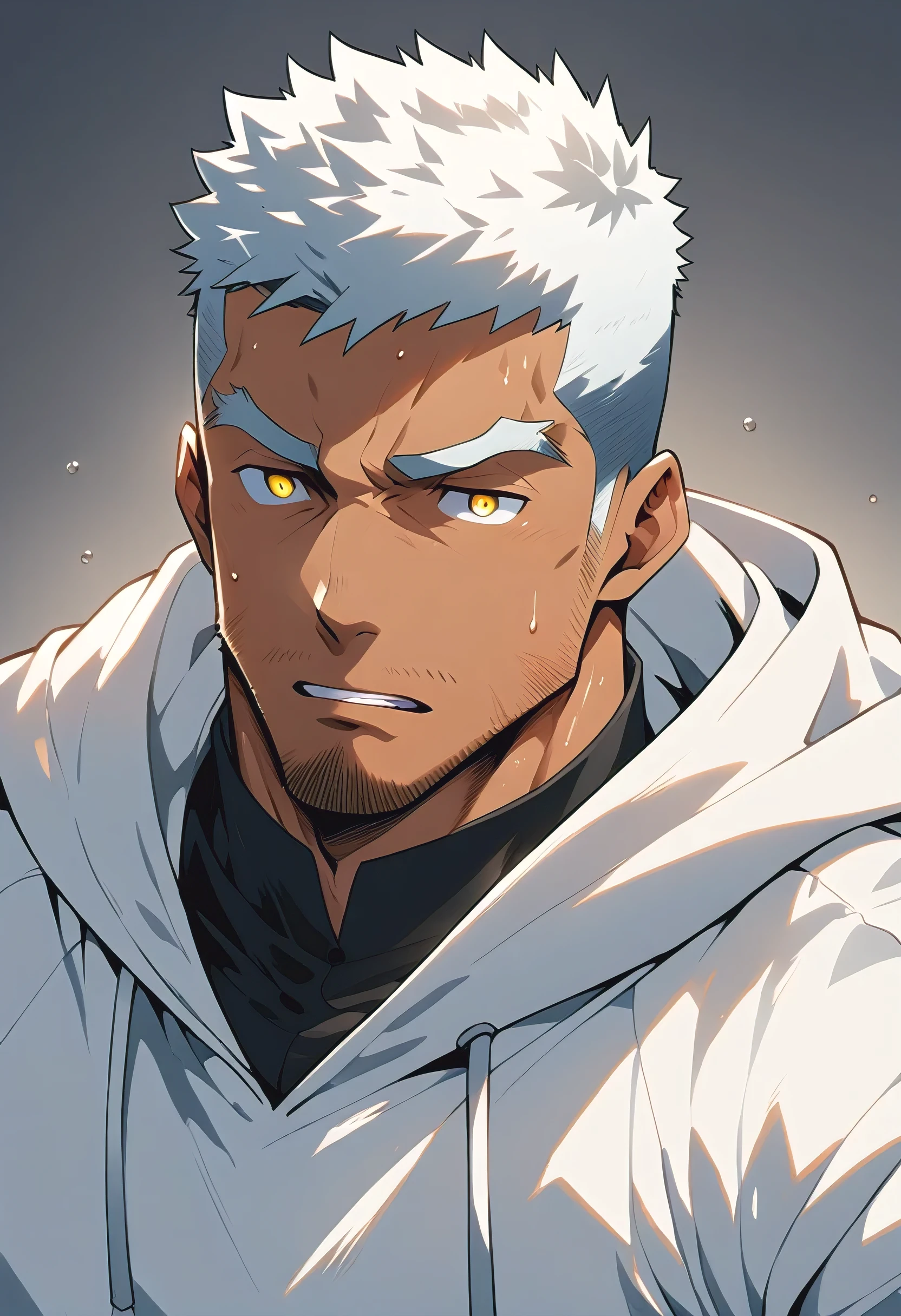 negro, anime characters：Gyee, Young Muscle Sports Sexy Teacher, sweat, negro black skin, Manliness, male focus, milky White long-sleeved hooded sweatshirt, Wear a black high-necked tights inside, Very tight, muscular male, muscular, only, Upper body, White short hair, Thick eyebrows, stubble, Yellow eyes, Grey background, simple background, amazing quality, best aesthetics, Ridiculous, bright pupils, crew cut, parted lips, embarrassed, endured face, Aggrieved expression, best quality