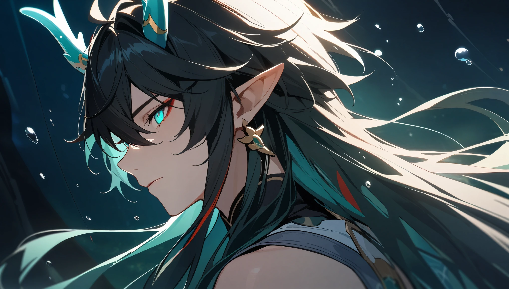 1boy, dan heng, imbibitor lunae, dan heng IL, honkai star rail, elf ears, long hair, black hair, horns, underwater, dark green background, hd eyes, close up, dynamic angle, facing left, bare shoulders, (beautiful and aesthetic:1. 5), best quality, high quality,  super detail, best quality, ultra-detailed,dynamic lighting, HD,