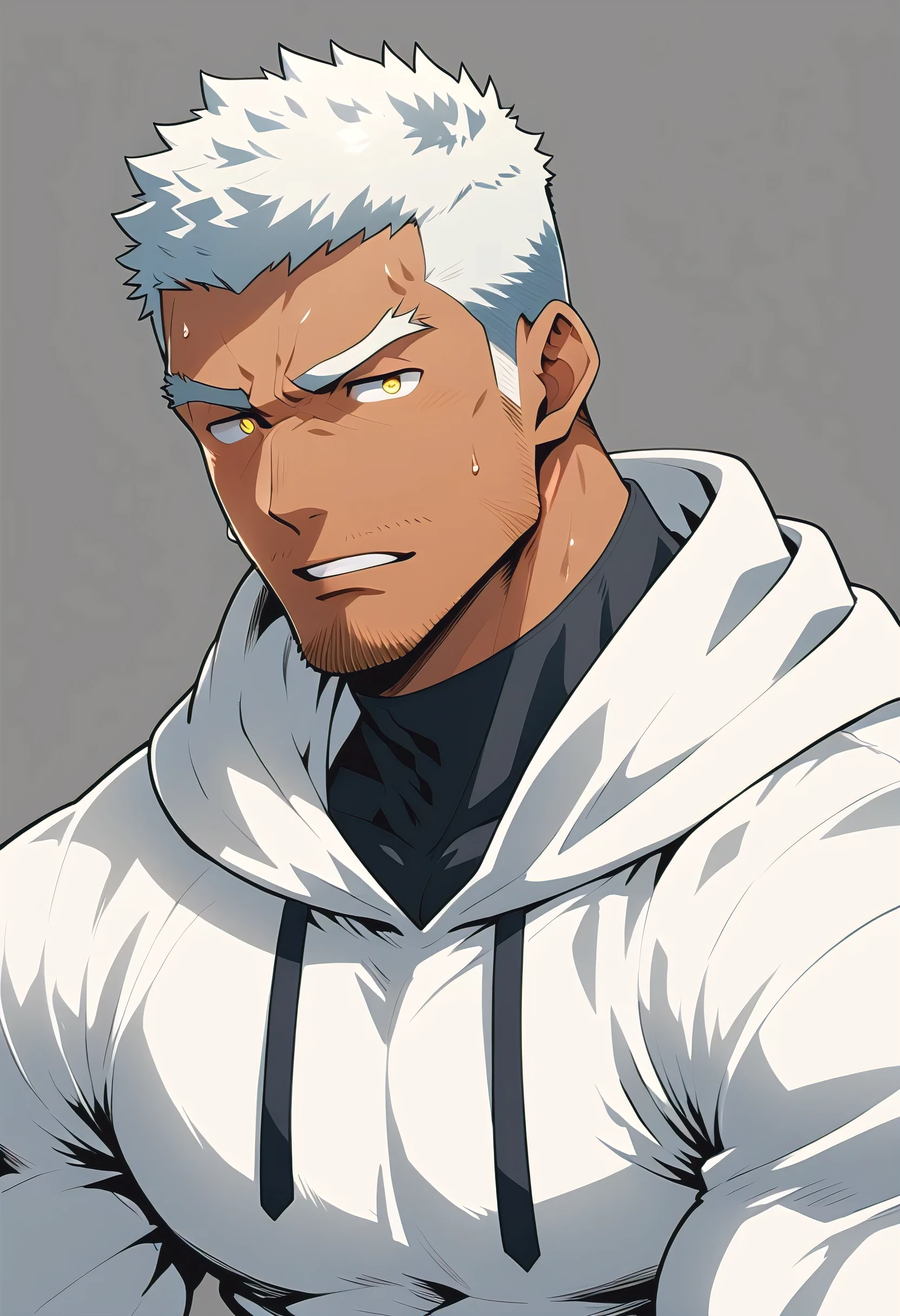 negro, anime characters：Gyee, Young Muscle Sports Sexy Teacher, sweat, negro black skin, Manliness, male focus, milky White long-sleeved hooded sweatshirt, Wear a black high-necked tights inside, Very tight, muscular male, muscular, only, Upper body, White short hair, Thick eyebrows, stubble, Yellow eyes, Grey background, simple background, amazing quality, best aesthetics, Ridiculous, bright pupils, crew cut, parted lips, embarrassed, endured face, Aggrieved expression, jitome, best quality