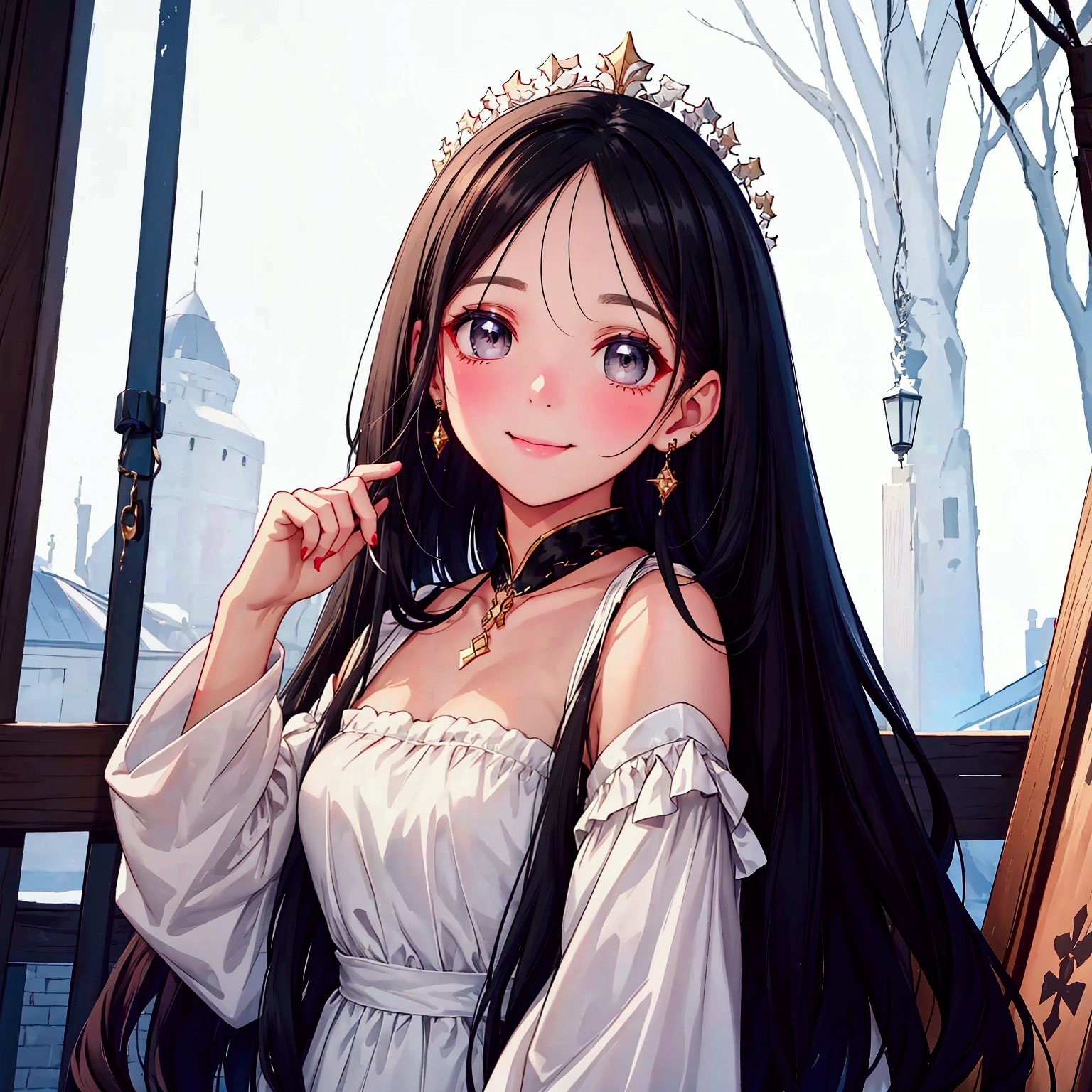 Background accessory shop　Pick up the earrings　Profile of a woman with long black hair　Smiling face　White dress　Time slot: 3pm　Seasonal feeling December　Date image