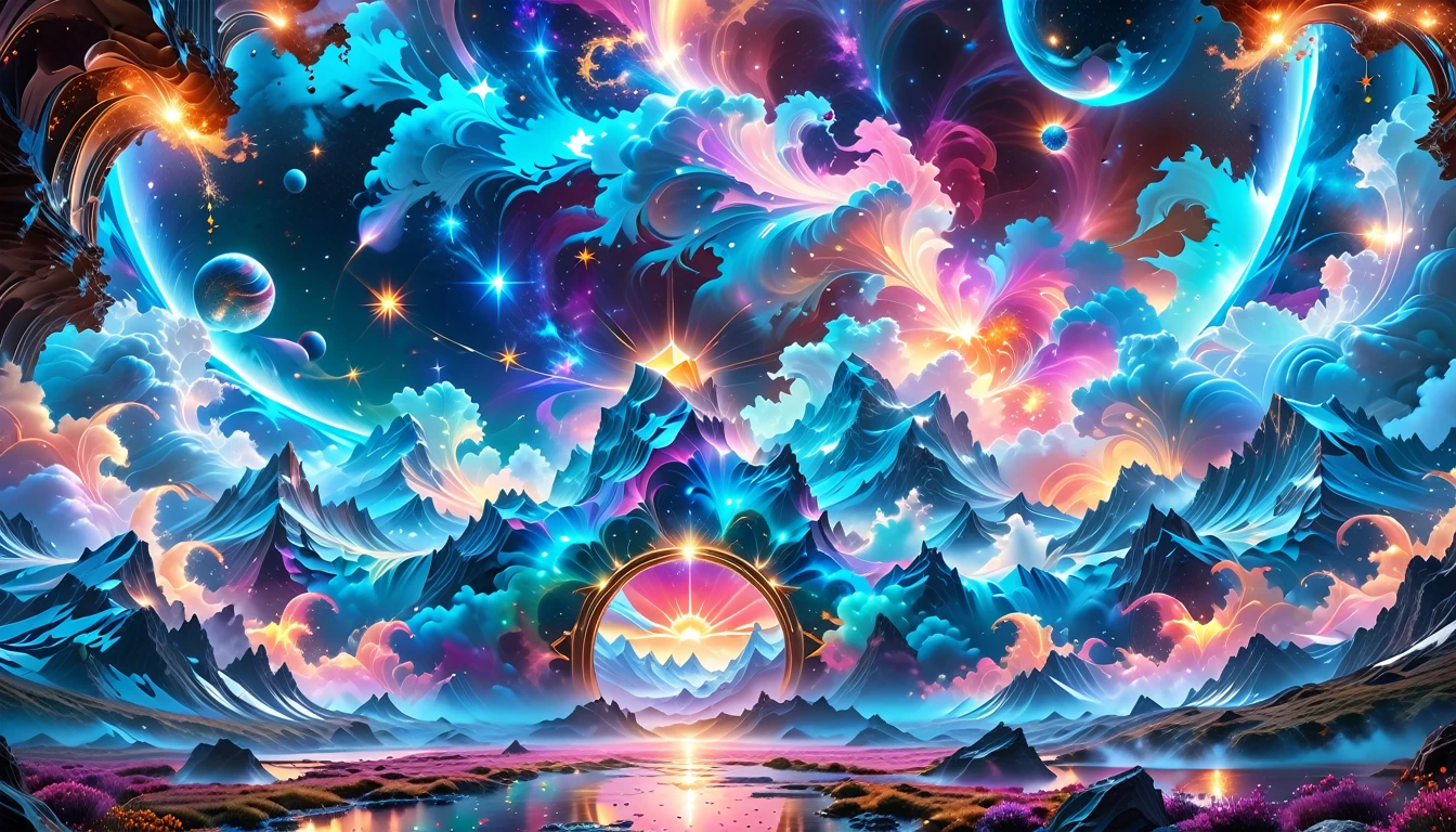 A Masterpiece In 32K Resolution, Supreme Quality, Super Detail, Official Art, Very High-Resolution 32K Wallpaper. Cosmic And Surreal, Ultra-Detailed Features. A Wild And Untamed Astral Landscape Where Floating Mountains Collide With Swirling Galaxies. Ethereal Wildlife With Glowing Patterns Traverse Through Shimmering Pathways In The Cosmos. In The Distance, A Colossal Celestial Gate, Framed By Stars, Pulses With Vibrant, Mystical Energy.