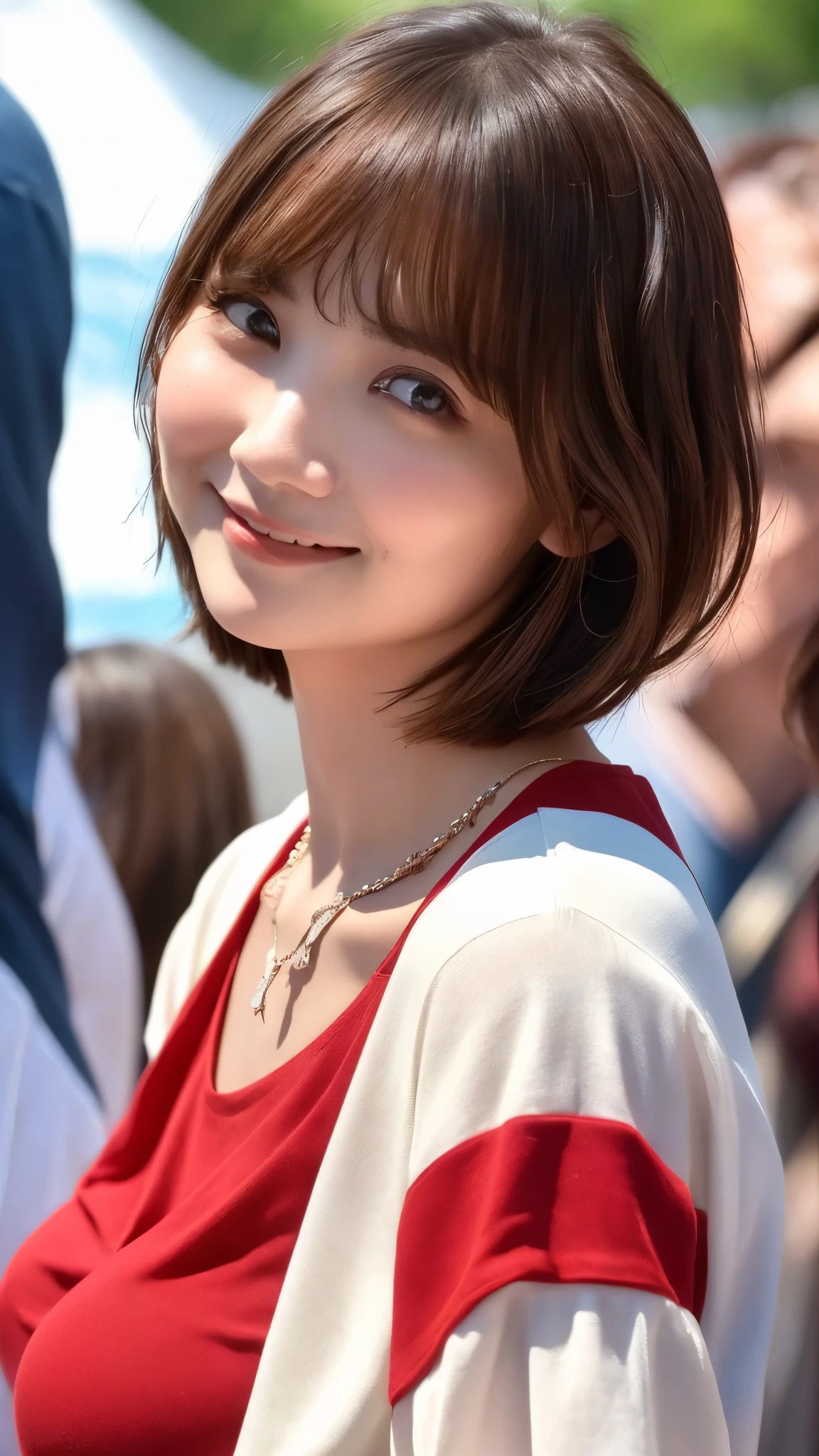 ((Best Quality))、(masterpiece:1.4)、RAW Photos、8k、((Highest quality))、 ((High resolution))、Big Breasts、Beautiful facial details、Realistic human skin、Kind expression、(One Woman:1.3 )、Realistic、Realistic、(Very short hair:1.4)、(Beautiful woman)、(Cute Japanese Girl)、(boyish:1.3)、(mannish)、((Beautiful woman))、(Beautiful Hair)、((Dark Brown Hair))、(((Red cheeks)))、((Her eyes are big))、20 year old beauty、(Her face is small:1.7)、Small head、((Long neck))、Pale skin、Beautiful Skin、With bangs、Everyone admires、Beautiful woman in Japan、8 heads、(necklace)、(Music Festival:1.4)、blue sky、singer、(Concert T-shirts)、smile、Larger clothes:1.3)、Happy expression、blue sky、Wristbands、bracelet、solo, whole body