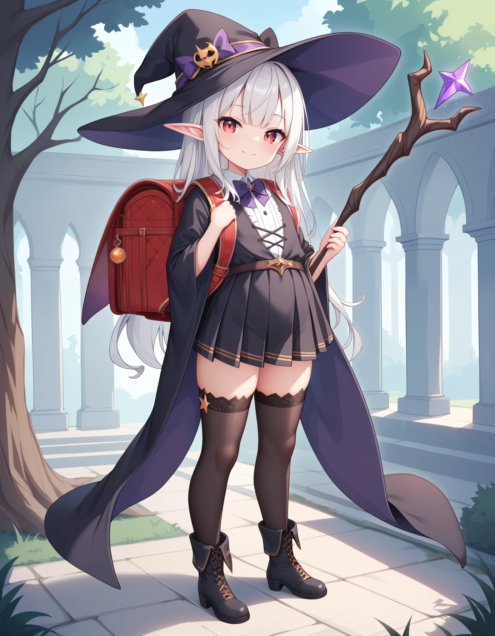 Masterpiece, hd, 2d, top-quality, full body, witch's hat, Belt to hat, white hair, long hair, Smooth straight hair,elf, pointed ears , smile, red eyes, a closed mouth, wearing white collared shirt, bowtie, brown pleated skirt, witch's robe, Witch's Wand, outdoor, , wearing Witch's Boots, wearing randoseru backpack, red backpack, wearing thighhighs, fullbody