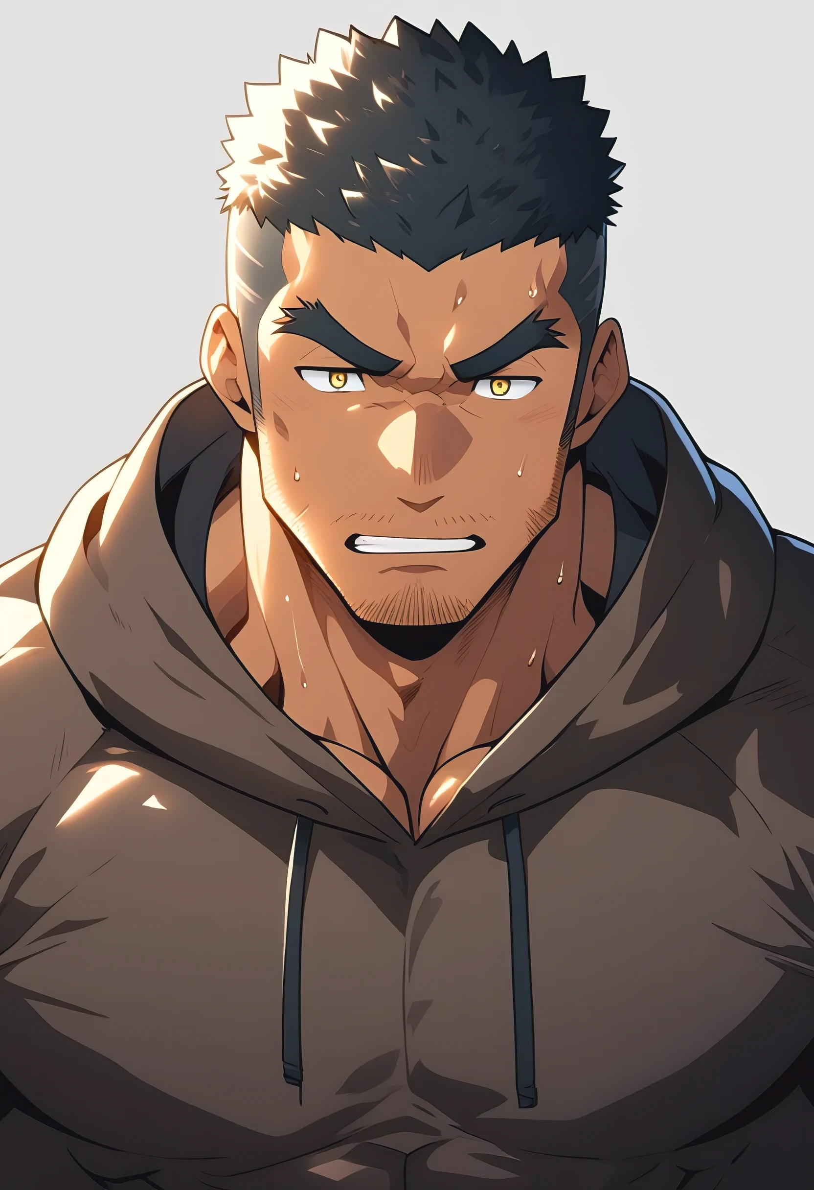 negro, anime characters：Gyee, Young Muscle Sports Sexy Teacher, sweat, negro black skin, Manliness, male focus, Brown long-sleeved hooded sweatshirt, Wear a black high-necked tights inside, Very tight, muscular male, muscular, only, Upper body, Brown short hair, Thick eyebrows, stubble, Yellow eyes, Grey background, simple background, amazing quality, best aesthetics, Ridiculous, bright pupils, crew cut, parted lips, embarrassed, endured face, Aggrieved expression, jitome, best quality