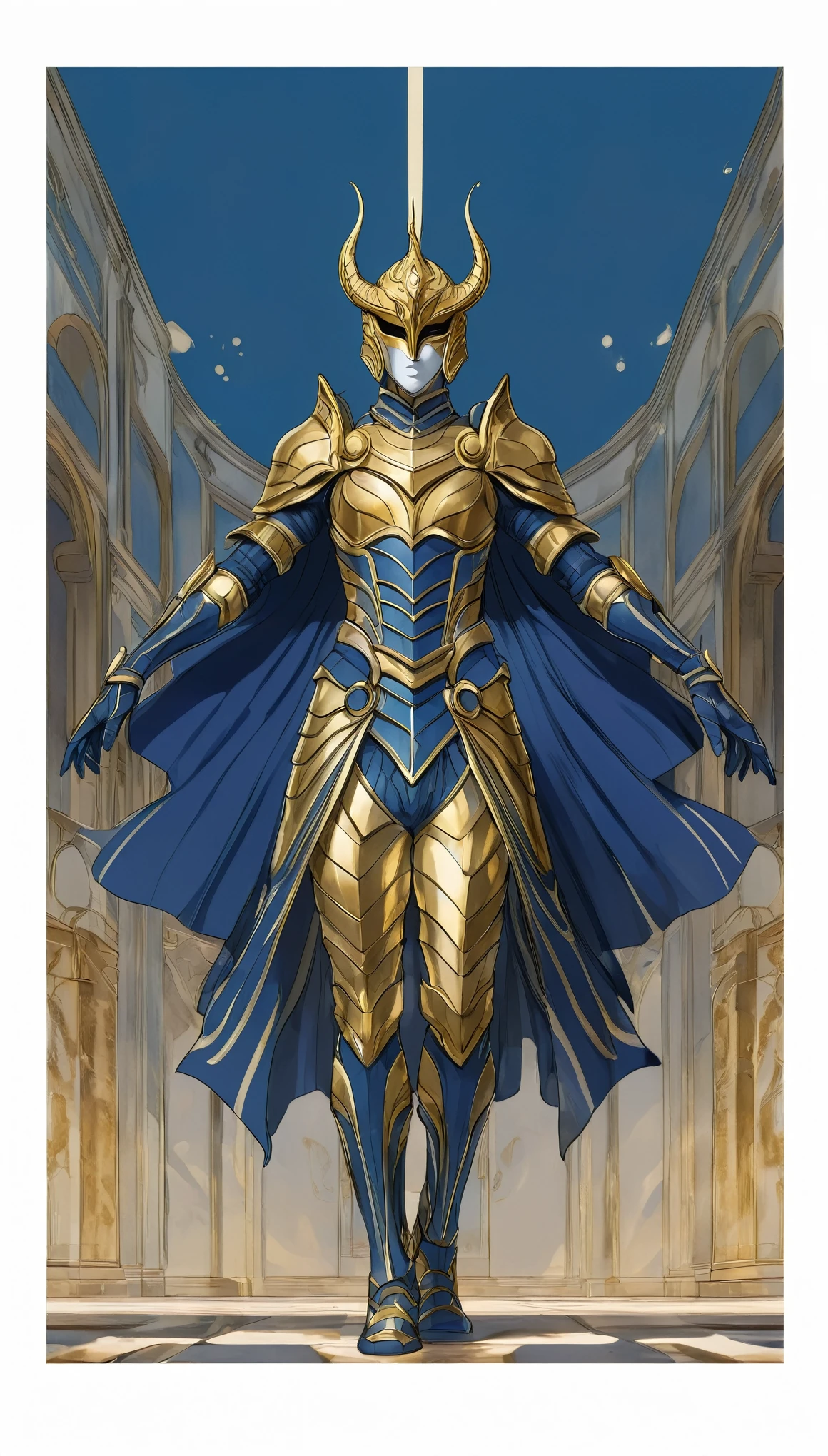 A man with short golden hair slicked back, his face entirely obscured by a Dynastinae concept mask, full mask, cold gaze, clad in an indigo blue fantasy-style Dynastinae concept chest plate, his arms and legs are clad in matching armor, he wears a white undershirt and trousers with golden stripes, standing within a magnificent fantasy-style palace, this character embodies a finely crafted fantasy-style masked light armor warrior in anime style, exquisite and mature manga art style, high definition, best quality, highres, ultra-detailed, ultra-fine painting, extremely delicate, professional, perfect body proportions, golden ratio, anatomically correct, symmetrical face, extremely detailed eyes and face, high quality eyes, creativity, RAW photo, UHD, 32k, Natural light, cinematic lighting, masterpiece-anatomy-perfect, masterpiece:1.5