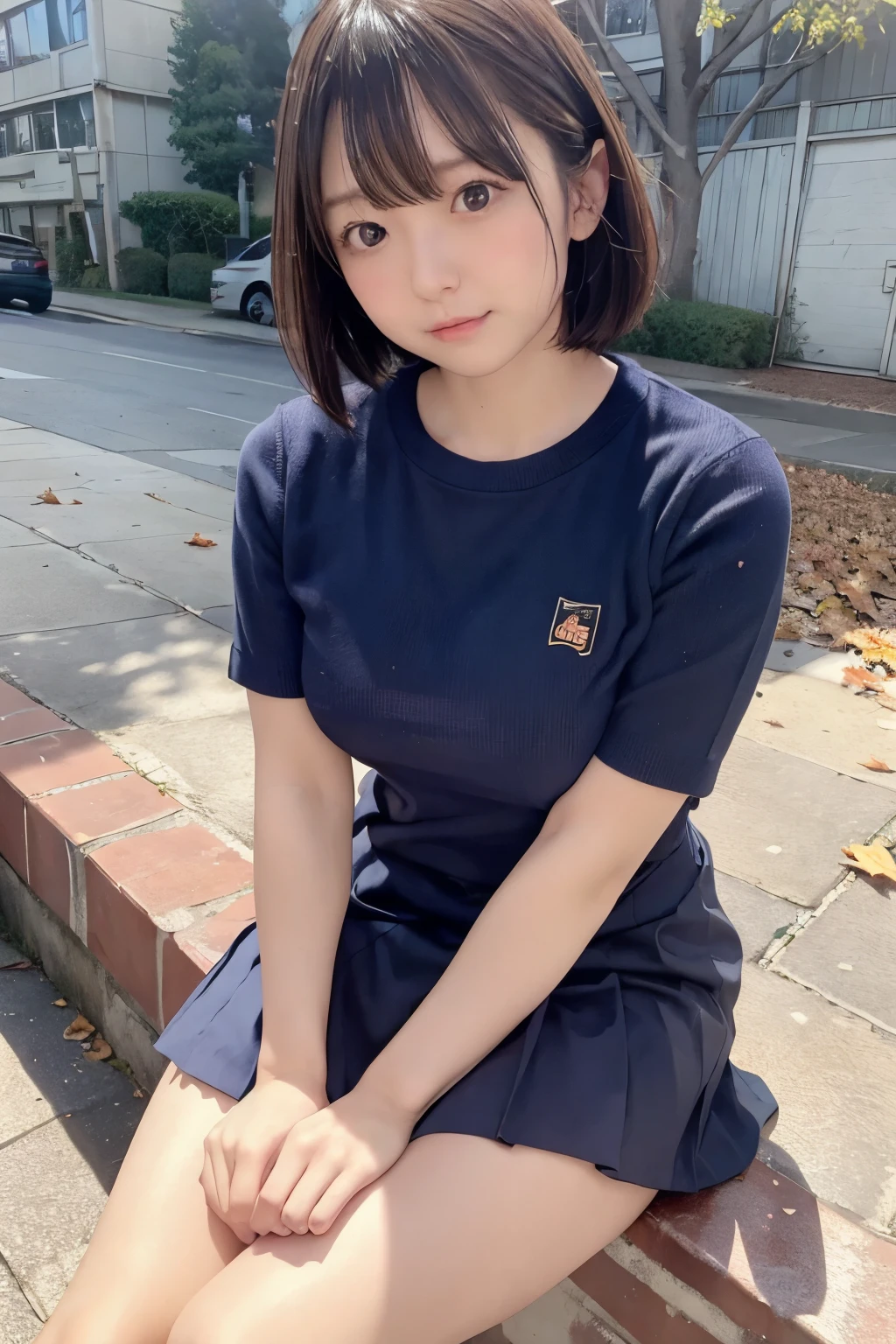 8K,masterpiece,Japanese,9 girl,from the front,smile,cute,innocent face,innocent,gentle eyes,Childish,plain t-shirt,short sleeve,A short blue checked skirt,semi-long,hair blowing in the wind,black hair,Slightly strong wind,noon,bright,sitting
