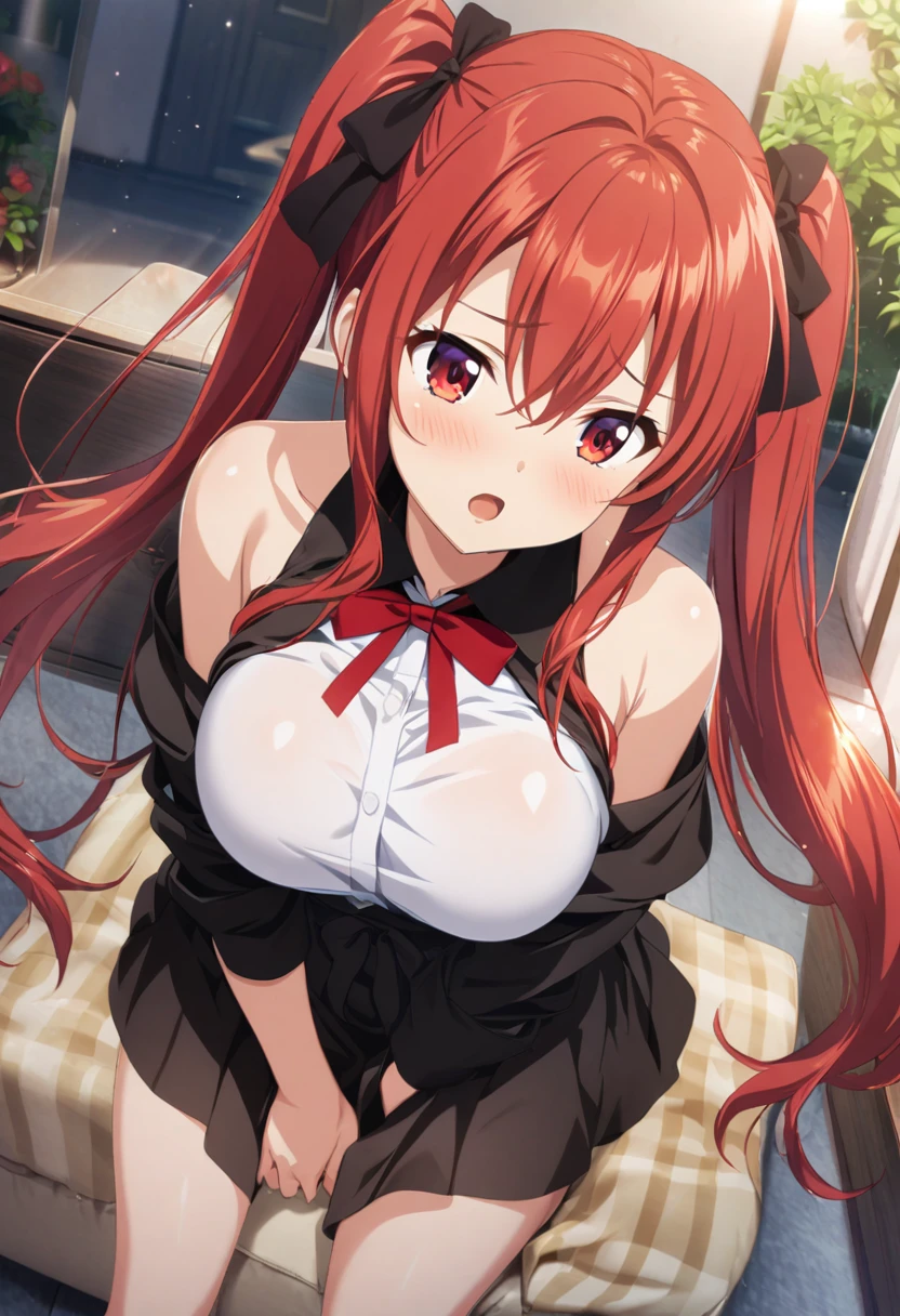 Highest quality, masterpiece , wallpaper, One beautiful girl, Highly detailed eyes and face, Beautiful attention to detail, Blue Eyes , Beautiful dark red hair , deep night, 20-year-old , Large Breasts、Nipples , Hairstyle Nuance Long , Mole on cheek , Ahegao , Ecstasy face , Masturbation, Climax , Sticking out tongue , Drooling from the mouth , Nakano May , sweating , Costume dress shirt , show off my crack , Pose to invite men , no bra no pants , Expression of sigh , time night , lick , face dripping , right hand between legs , full body , open legs ,make love , grab wet , heart-shaped pupils , shiny skin, knees up