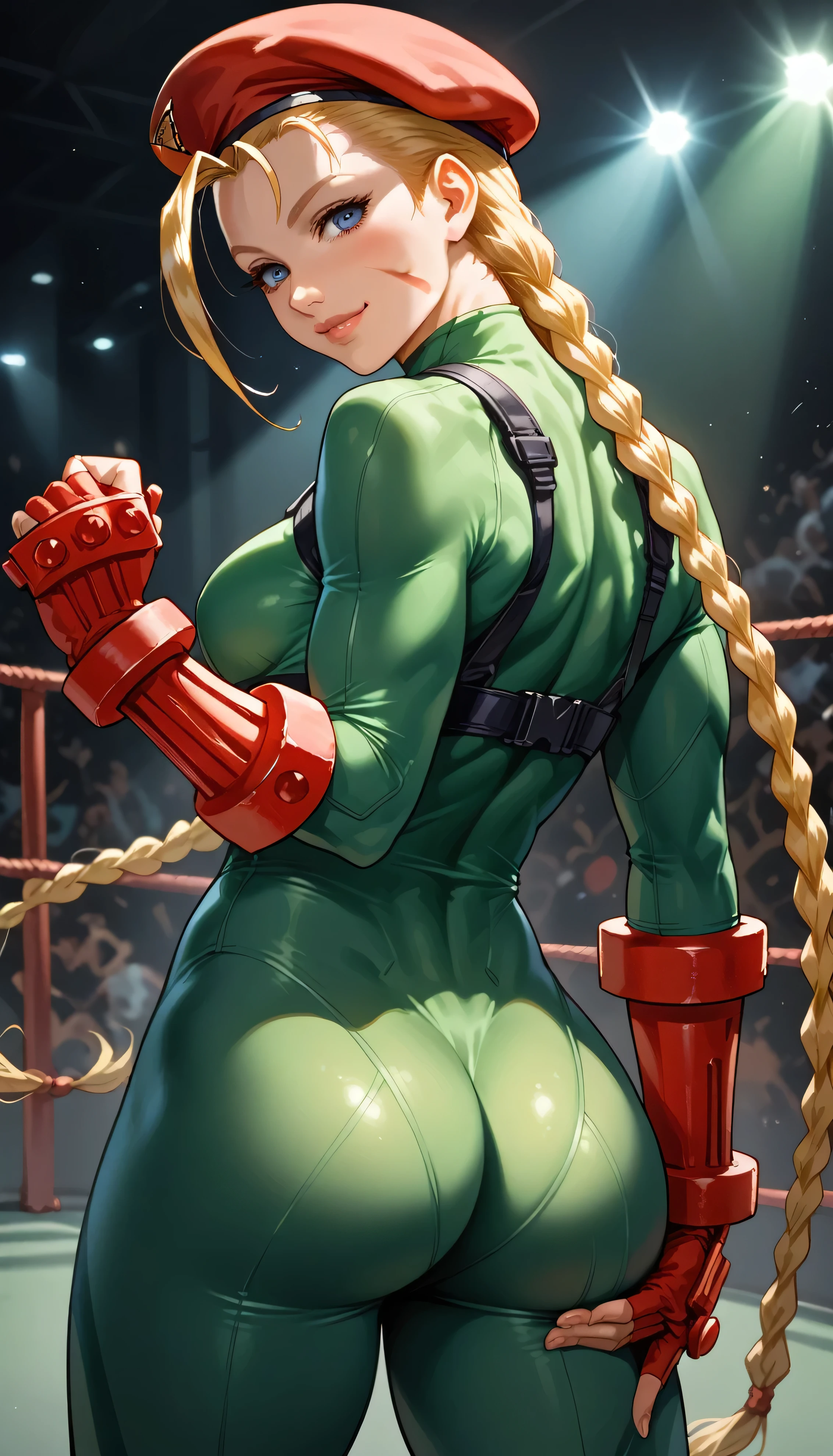 Super detailed、Highest quality、Best image quality、masterpiece、8k、(Cammy)、Cowboy Shot、(shoulder-length blonde braids)、(Open Mouth) 、(tareme)、(big eyes)、(Beautiful bright blue eyes)、(High Detail Anime Eyes)、(puffy eyes)、(Big Tits:1.5)、((SFW Huge Body))、(green high leg leotard:1.5、Gloves、Harness、boots)、(Fighting Pose:1.5)、hat