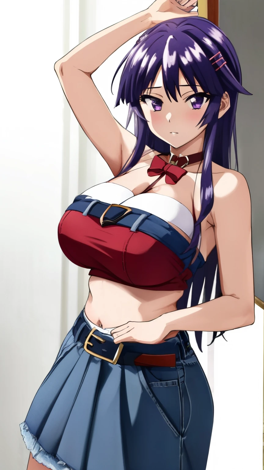 (masterpiece, best quality, high resolution, 8 k:1.2), anime, very detailed face, CG,1 girl, Chizuru-chan Kaihatsunikki, mature, sexual, spread pussy, purple hair, long hair, hair clip, Violet eyes, ((jeans_bait_cloth)), big breasts, One,stylish pose, stylish corner,looking at the viewer, in the center of the image,cowboy shot, mature female, massive breasts, huge tits, big boobs, stockings, red bikini, pussy, perfect body, sexy pose