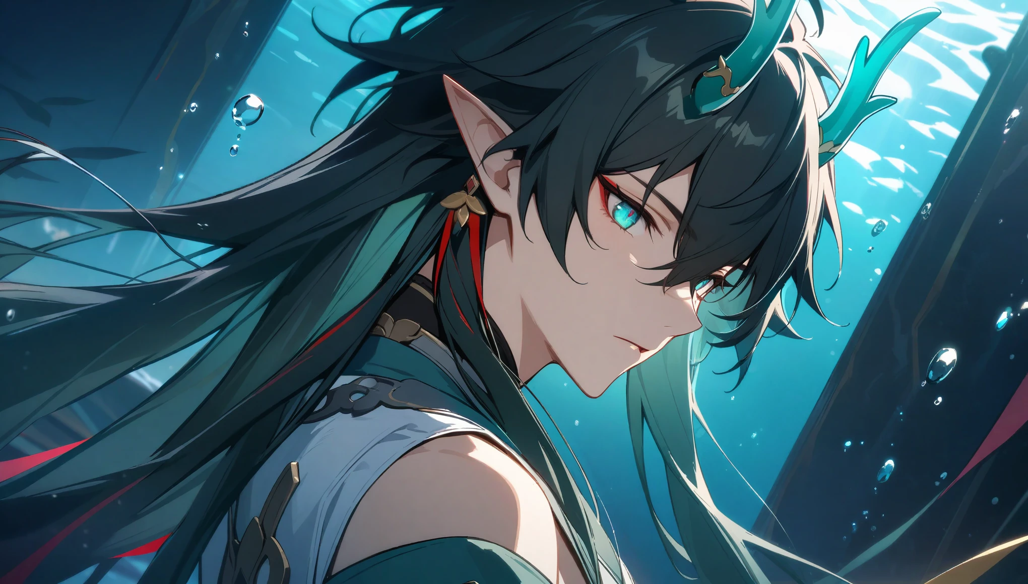 1boy, dan heng, imbibitor lunae, dan heng IL, honkai star rail, elf ears, long hair, black hair, horns, underwater, dark green background, hd eyes, close up, dynamic angle, facing left, bare shoulders, (beautiful and aesthetic:1. 5), best quality, high quality,  super detail, best quality, ultra-detailed,dynamic lighting, HD,