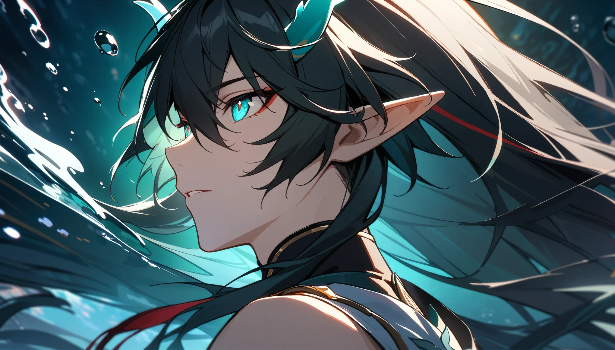 1boy, dan heng, imbibitor lunae, dan heng IL, honkai star rail, elf ears, long hair, black hair, horns, underwater, dark green background, hd eyes, close up, dynamic angle, facing left, bare shoulders, (beautiful and aesthetic:1. 5), best quality, high quality,  super detail, best quality, ultra-detailed,dynamic lighting, HD,