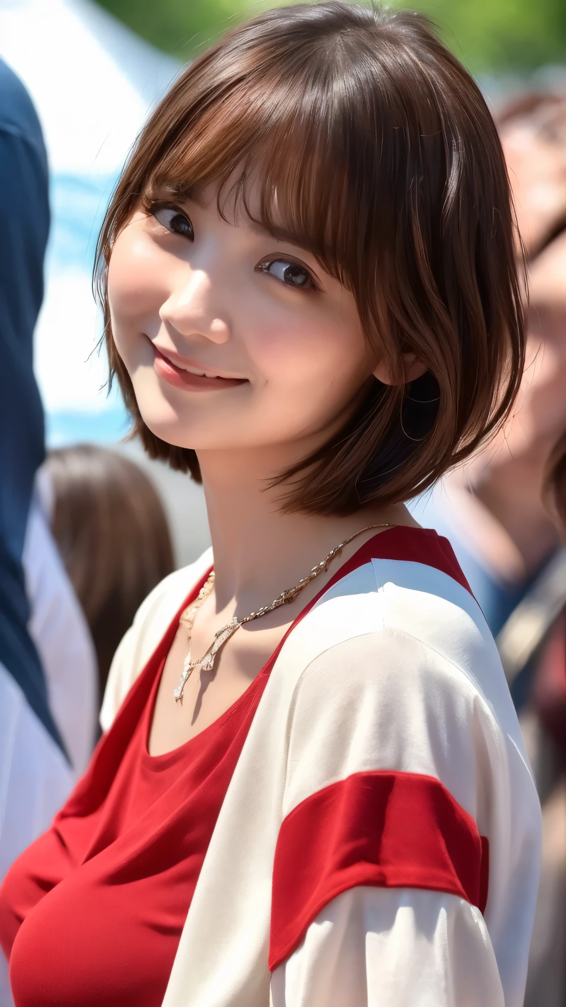 ((Best Quality))、(masterpiece:1.4)、RAW Photos、8k、((Highest quality))、 ((High resolution))、Big Breasts、Beautiful facial details、Realistic human skin、Kind expression、(One Woman:1.3 )、Realistic、Realistic、(Very short hair:1.4)、(Beautiful woman)、(Cute Japanese Girl)、(boyish:1.3)、(mannish)、((Beautiful woman))、(Beautiful Hair)、((Dark Brown Hair))、(((Red cheeks)))、((Her eyes are big))、20 year old beauty、(Her face is small:1.7)、Small head、((Long neck))、Pale skin、Beautiful Skin、With bangs、Everyone admires、Beautiful woman in Japan、8 heads、(necklace)、(Music Festival:1.4)、blue sky、singer、(Concert T-shirts)、smile、Larger clothes:1.3)、Happy expression、blue sky、Wristbands、bracelet、solo, whole body