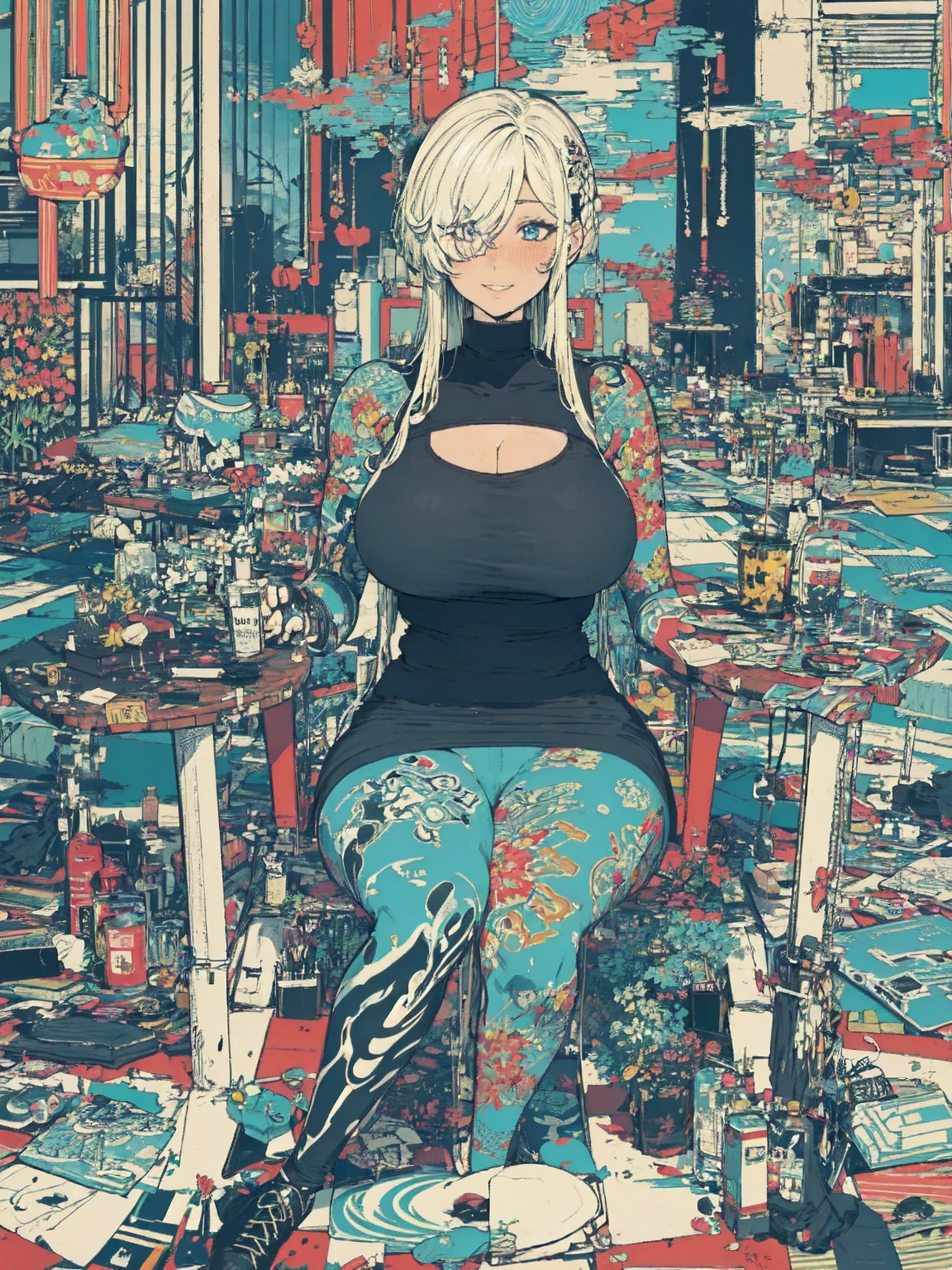 sitting on the stairs on a urban road, best quality, 4K wallpaper, masterpiece, extremely detailed CG unity 8k wallpaper, extremely detailed eyes, ultra-detailed, intricate details, jppop art style, 1woman, Alone, 40YO, huge breasts, multicolored hair, single braid, blue eyes, lips, full moon, full body, flat color, Line art, 90's, (Flat Color, Flat texture, Line art:1.3), Graphical design, (Dark Ink, Ink Black), smile, happy, blush, cleavage, (hand on own hair), ((curvy body)), (perfect anatomy), 