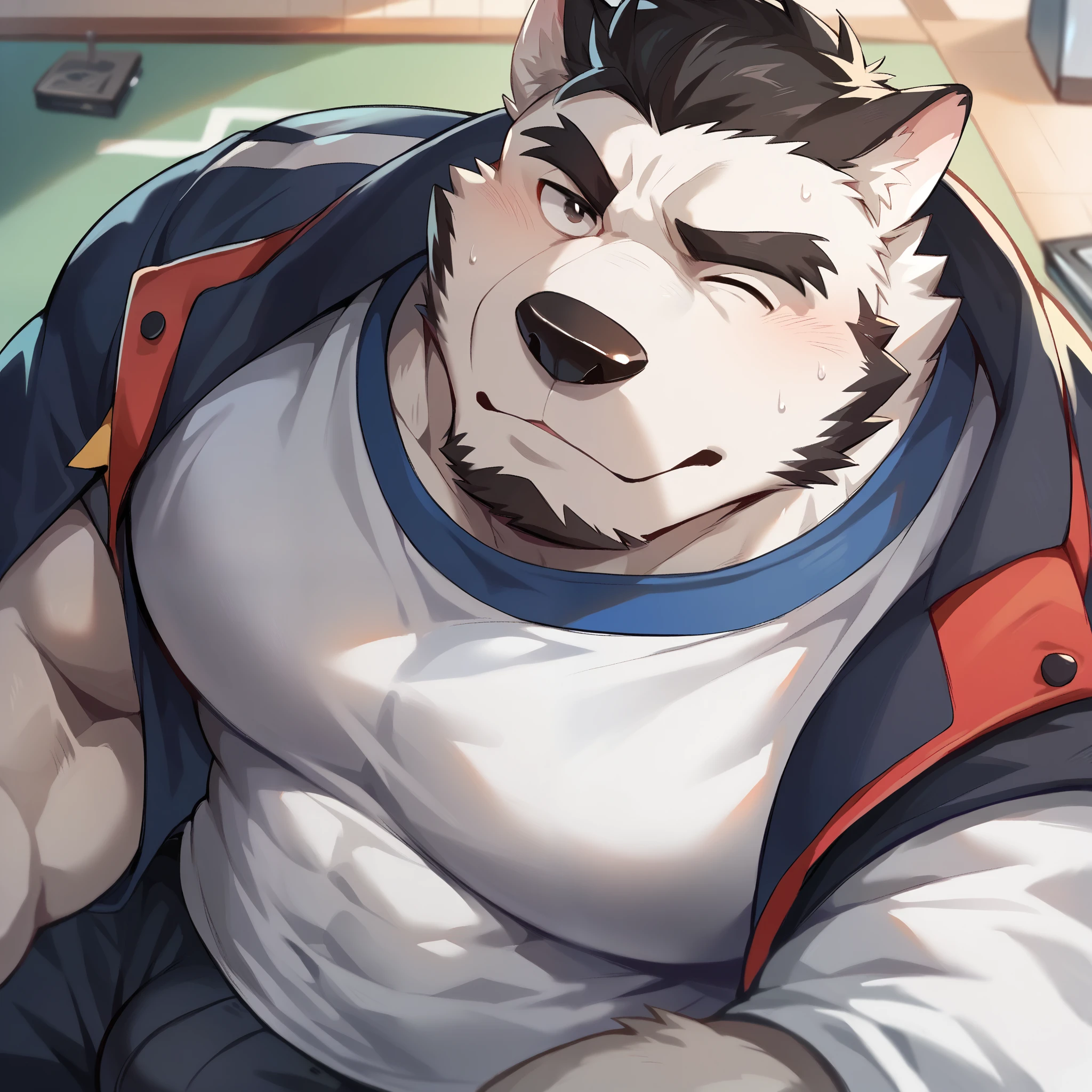 Scribble Wolf face,Humanity(Wolf),(campus:1.3),Muscular,(Black eyebrows:1.1),(Close one eye),White fur，black hair，Black beard，（artist:Takemoto Arashi），campus，（Hip bulge:1.3），tease