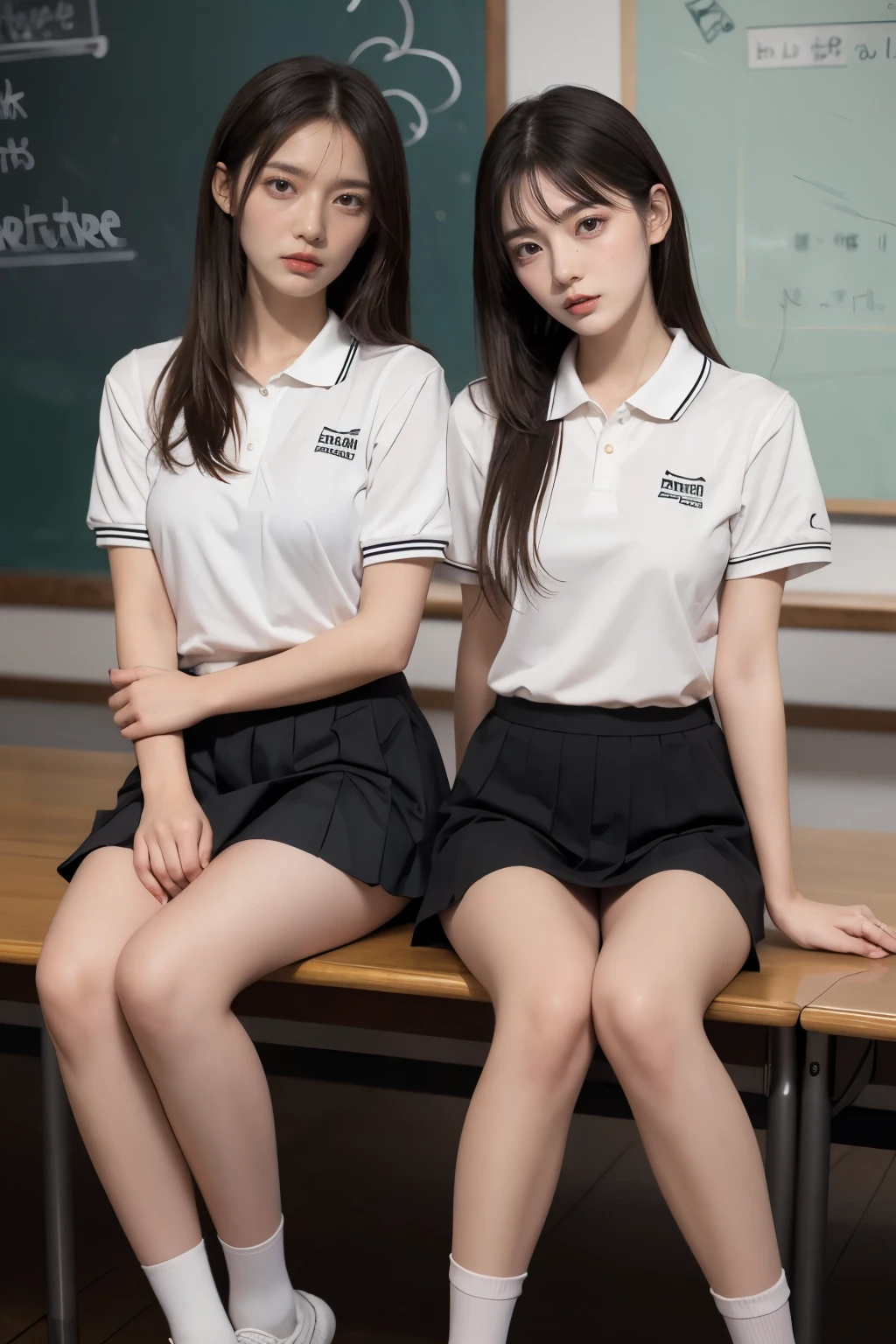 heavy rain, Soaking wet, Long Hair, Watch the audience, smile, bangs, (Two Girls:1.2), skirt, Brown Hair, shirt, Black Hair, Short sleeve, Brown eyes,  Long Hair, sitting in Classroom, white polo shirt, pleated skirt, Open clothes, shoes, socks, Striped, collared shirt,Hands behind back, bag, Pantyhose, Brown footwear, , school bag, Wet, 