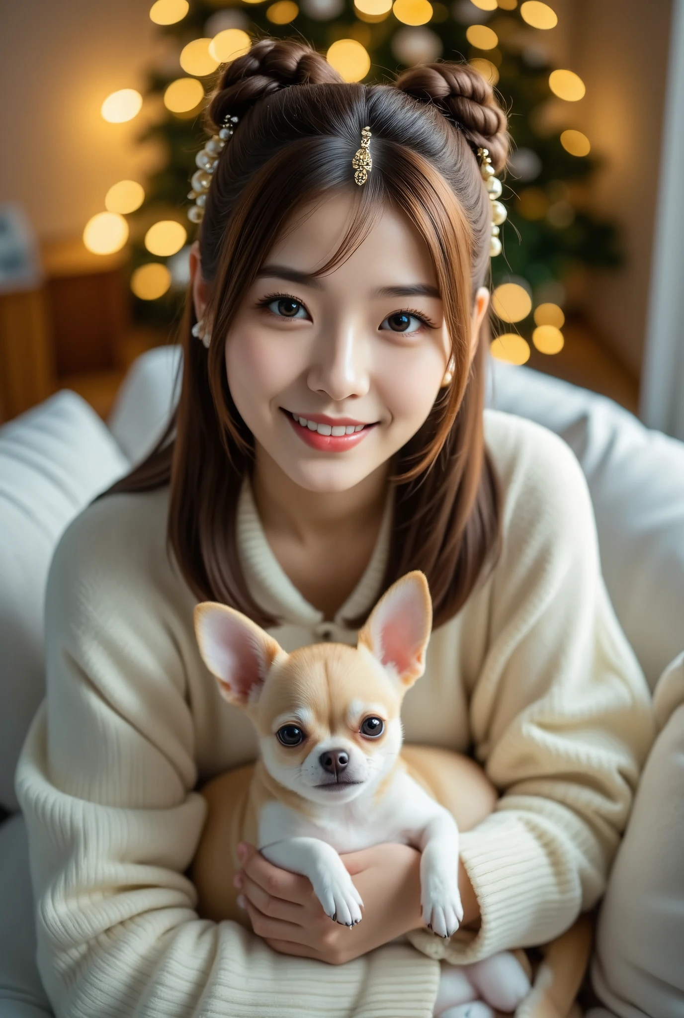 1 very beautiful girl, Smile with beautiful white teeth, Ancient Chinese hairstyle, Hair pin, Crown in front of the head, Breast cleavage, Highly detailed face、Beautiful white skin girl, happy smiling, holding a beautiful light brown chihuahua in hands, sitting on a sofa at cozy home in scandinavian style and wearing sweater, garlands on background