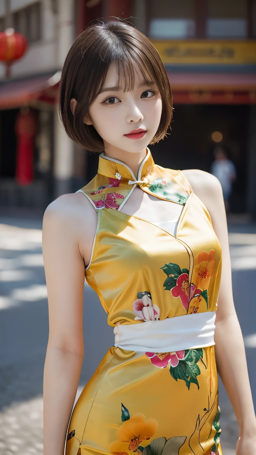 Foto hiperrealista en primer plano de Kim Ji-soo from Korea, masterpiece, best quality, (photorealistic:1.4), full body, Luxurious orange Satin Cheongsam Qipao mini dress, China Town, sunny day, cinematic light, beautiful woman, skinny, large big breasts, black long hair, hair cut into a bun, detailed face, smile, facing the camera, photo taken from a distance, age of 25 years old