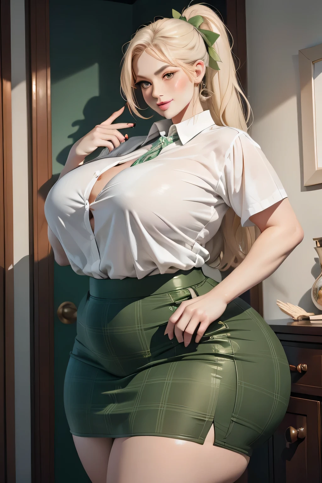 Top quality, Alone, Big chested, Huge ass, Very curvaceous, Moist white skin, Stylish high ponytail, Green eyes of the ship, Blunt lips, fascinating, A sly smile, Exposed white button up, Loosen your tie., Fair green plaid skirt, hair ribbon, Thick thighs, Curvaceous body type, bbw with huge curves