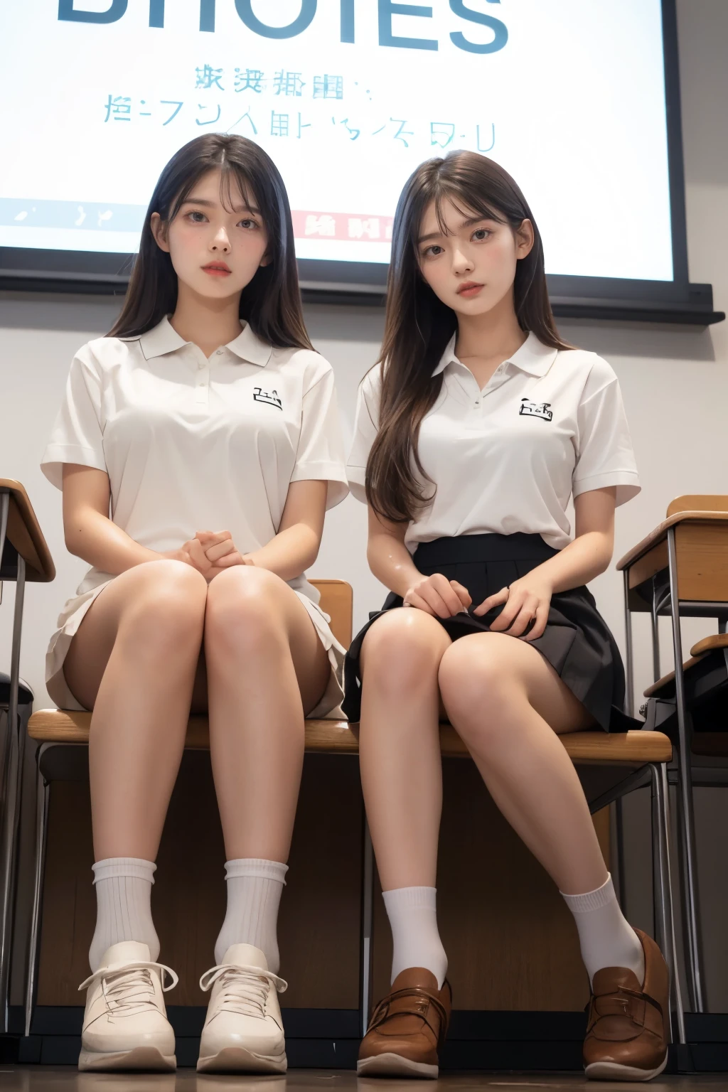 heavy rain, Soaking wet, Long Hair, Watch the audience, smile, bangs, (Two Girls:1.2), skirt, Brown Hair, shirt, Black Hair, Short sleeve, Brown eyes,  Long Hair, sitting in Classroom, white polo shirt, pleated skirt, Open clothes, shoes, socks, Striped, collared shirt,Hands behind back, bag, Pantyhose, Brown footwear, , school bag, Wet, (From below:1.2), (Plump breast)