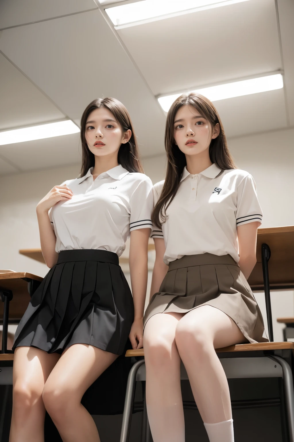 heavy rain, Soaking wet, Long Hair, Watch the audience, smile, bangs, (Two Girls:1.2), skirt, Brown Hair, shirt, Black Hair, Short sleeve, Brown eyes,  Long Hair, sitting in Classroom, white polo shirt, pleated skirt, Open clothes, shoes, socks, Striped, collared shirt,Hands behind back, bag, Pantyhose, Brown footwear, , school bag, Wet, (From below:1.2), (Plump breast)