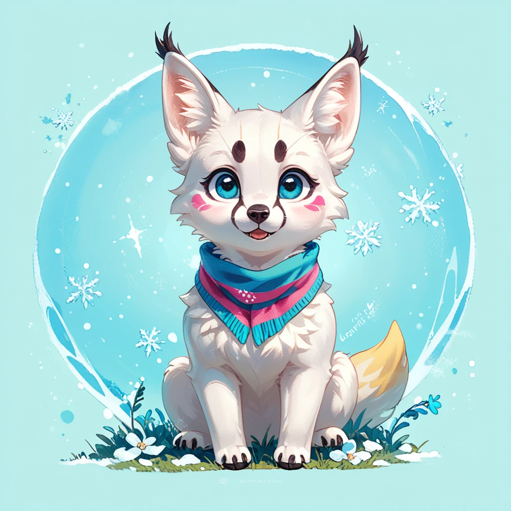 Style - nebmagic, Portrait of Ismail Inceoglu, Gazelle, James Jean, Anton Fadeev and Yoshitaka Amano, Style in the snow Cute fluffy arctic fox wearing a Silva Magic scarf, Very detailed, 8k resolution, Digital Art, Trending on Art Station, Vibrant colors, chibi style, masterpiece, Adorable Friendly Nice