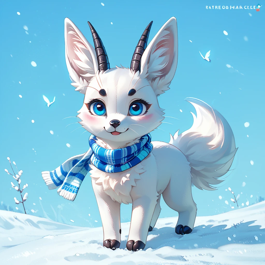 Style - nebmagic, Portrait of Ismail Inceoglu, Gazelle, James Jean, Anton Fadeev and Yoshitaka Amano, Style in the snow Cute fluffy arctic fox wearing a Silva Magic scarf, Very detailed, 8k resolution, Digital Art, Trending on Art Station, Vibrant colors, chibi style, masterpiece, Adorable Friendly Nice