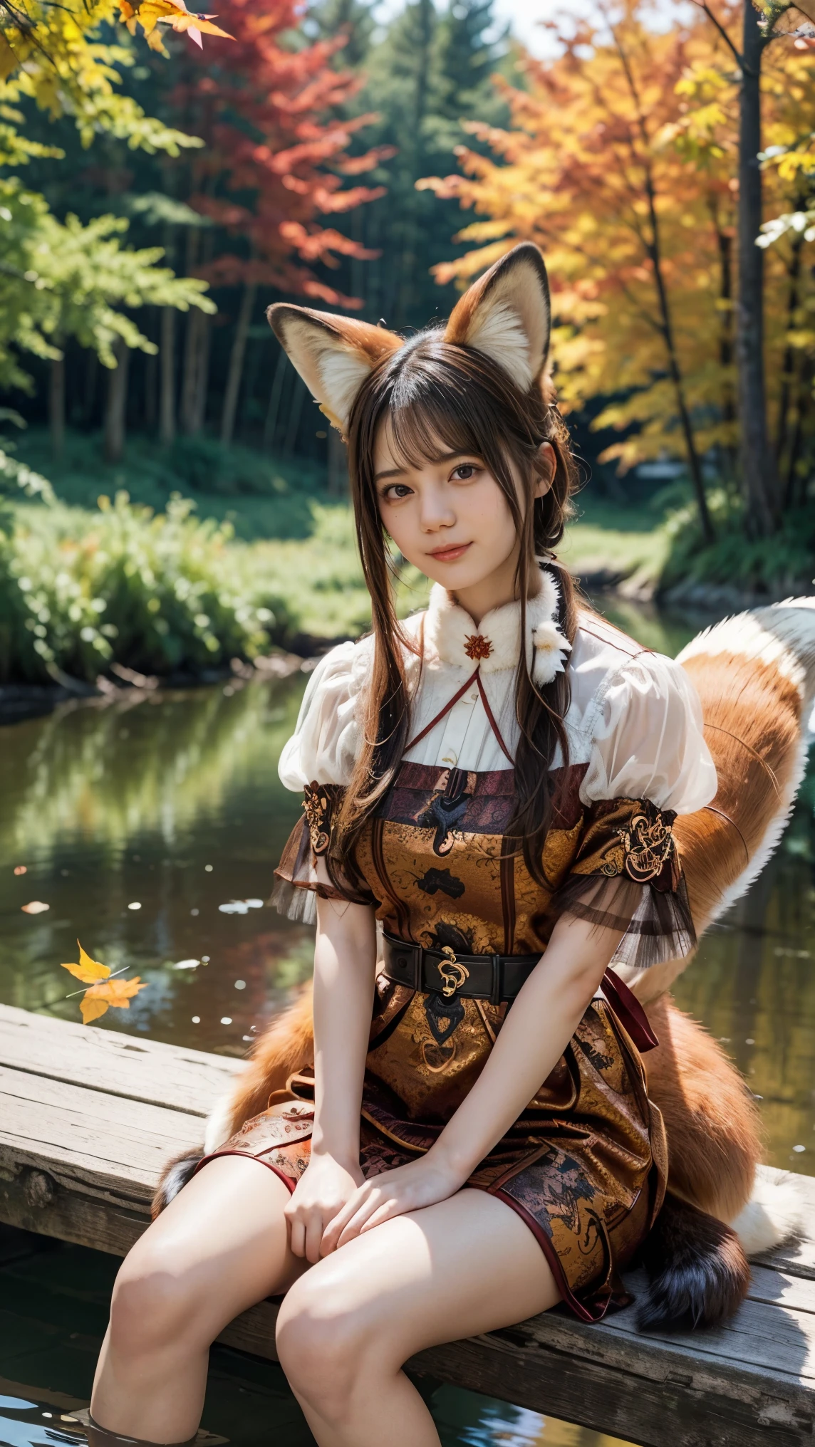 1 fox girl, ruby eyes, fox tail, fox ears, brown hair, chignon, (smile:0.9), (parted lips:0.9), cute,
china dress, side slit, pelvic curtain, (sandals:0.9),
sitting on bridge, leaning forward, knee up,
(autumn leaves:1.1), (crimson stream:0.9), (crimson lighting:1.1), dancing leaves, night,
sharp focus, looking at viewer,
(intricate:1.1), (crimson tone:1.1), (brown tone:0.7), (crimson atmosphere:1.1),
llustration, (anime coloring:1.1), high contrast,
BREAK (masterpiece:1.2), (best quality:1.2), (very aesthetic:1.2), (absurdres:1.2), (detailed background), newest, ai-generated, (intricate details:1.2), (gigantic :1.4), (Fluffy fox tail:1.5),(See-through costume:1.4)