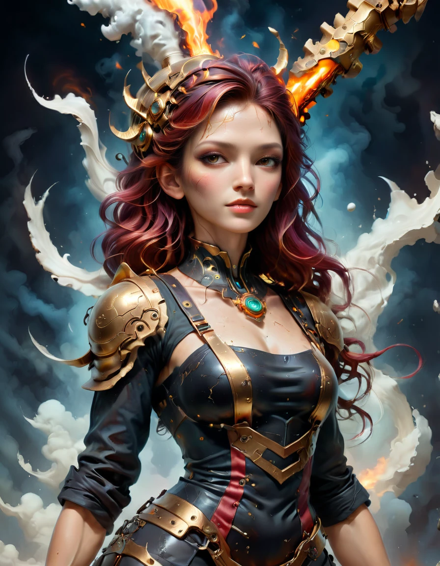 (Top Quality, 16k), Viking girl with red hair and violet eyes, Embraced by golden dragon wings, (Masterpiece, Supremely Aesthetic), (Detailed, Extremely Detailed),perfect face,
The Viking girl's red hair cascades down in luscious waves, each strand meticulously rendered in high definition, reflecting the light and creating a sense of depth and texture. Her violet eyes sparkle with an otherworldly intensity, their color intricately detailed, revealing every vein and fiber. The dragon wings surrounding her are golden and shimmering, their surface ultra-detailed with intricate scales and feathers.