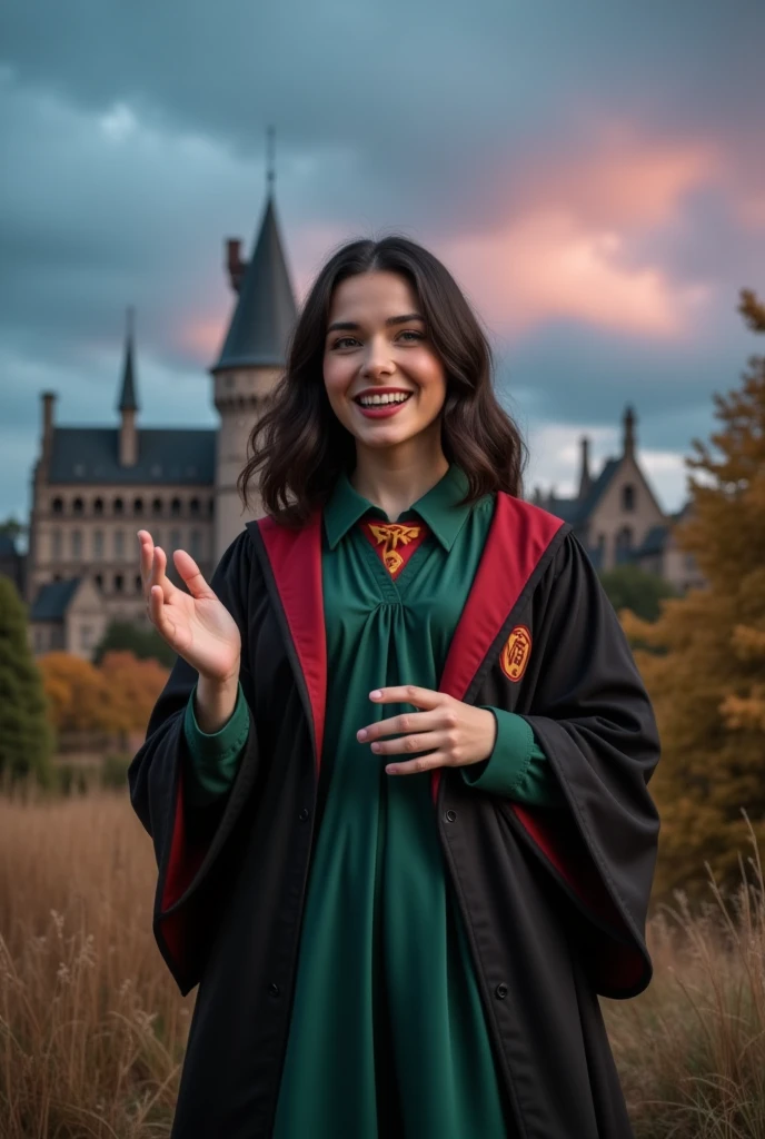 masterpiece photo of a dark-haired full-length woman with green eyes dressed in Hogwarts mage uniform actively says something while gesticulating, a cheerful facial expression, blush, interesting dynamic pose, against the background of college of magic, a rich blue-purple sky with clouds, a lot of vegetation, bright colors, intricate bizarre color combinations, colorful