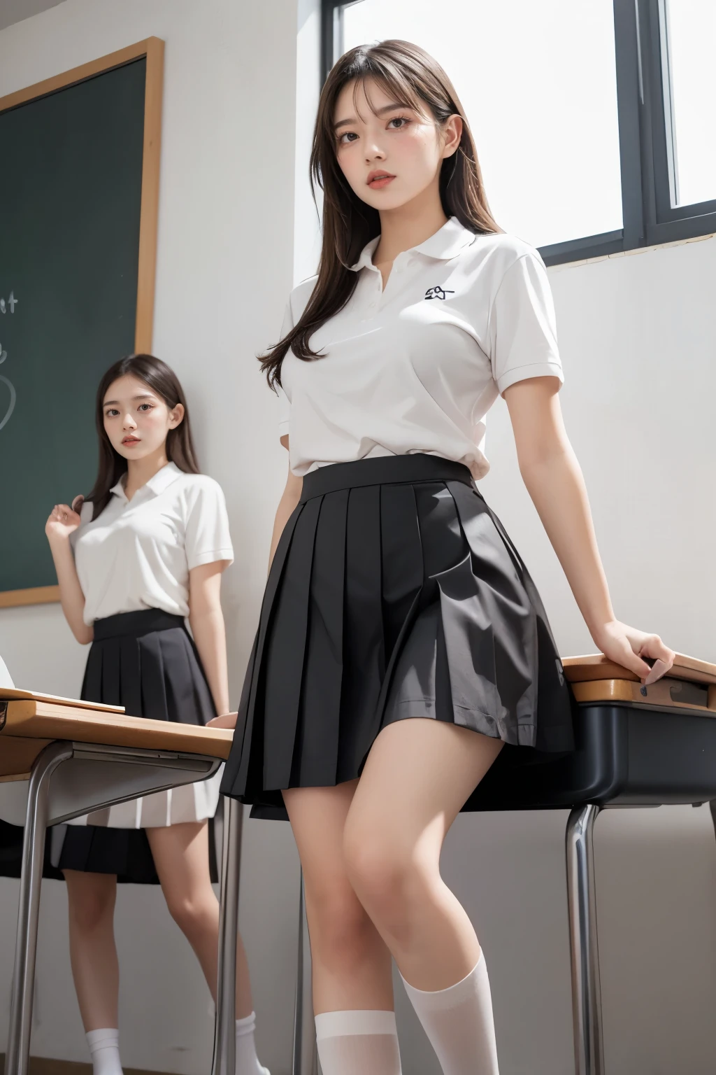 heavy rain, Soaking wet, Long Hair, Watch the audience, smile, bangs, (Two Girls:1.2), skirt, Brown Hair, shirt, Black Hair, Short sleeve, Brown eyes,  Long Hair, sitting in Classroom, white polo shirt, pleated skirt, Open clothes, shoes, socks, Striped, collared shirt,Hands behind back, bag, Pantyhose, Brown footwear, , school bag, Wet, (From below:1.2), (Plump breast)