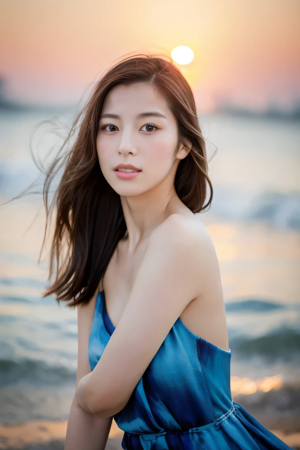 Create a high-quality, hyper-realistic portrait of a very beautiful Japanese idol. She is wearing a clean white summer dress and is squatting on the beach during sunset at sea. The deep indigo of the night sky contrasts with the last vestiges of crimson near the horizon, with swaying waves in the background. The girl has semi-long hair and a slender body with small breasts. The photo should capture her with detailed eyes, a detailed face, and a beautiful, sophisticated nose. The image should have a realistic, delicate, and finely detailed quality, suitable for a fashion magazine cover. Use cinema lighting and soft light to enhance her features. Ensure the photo is of the highest quality, with a resolution of 8K, making it perfect for a 2K wallpaper.