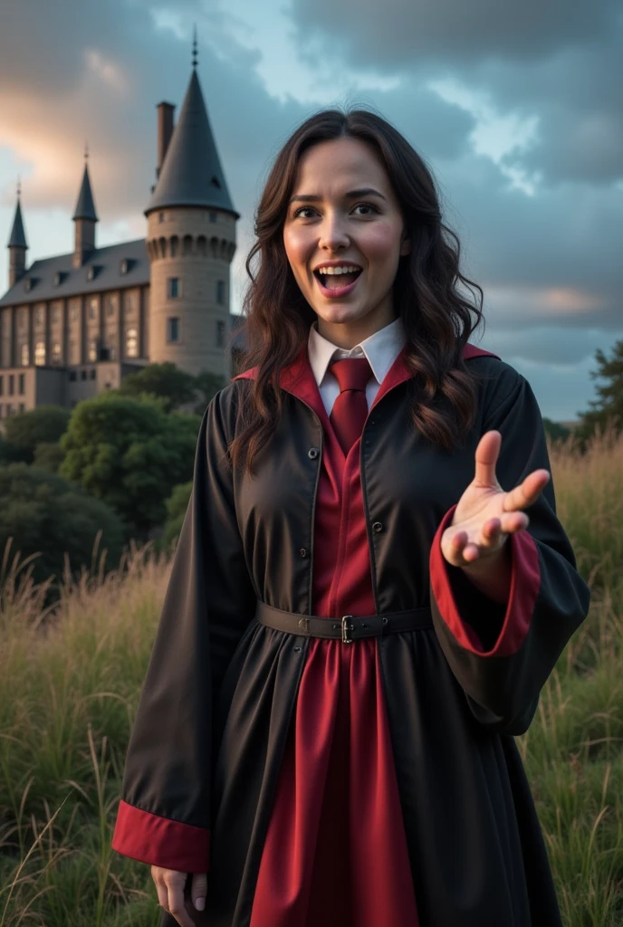 masterpiece photo of a dark-haired full-length woman with red eyes dressed in Hogwarts mage uniform actively says something while gesticulating, a cheerful facial expression, blush, interesting dynamic pose, against the background of college of magic, a rich blue-purple sky with clouds, a lot of vegetation, bright colors, intricate bizarre color combinations, colorful