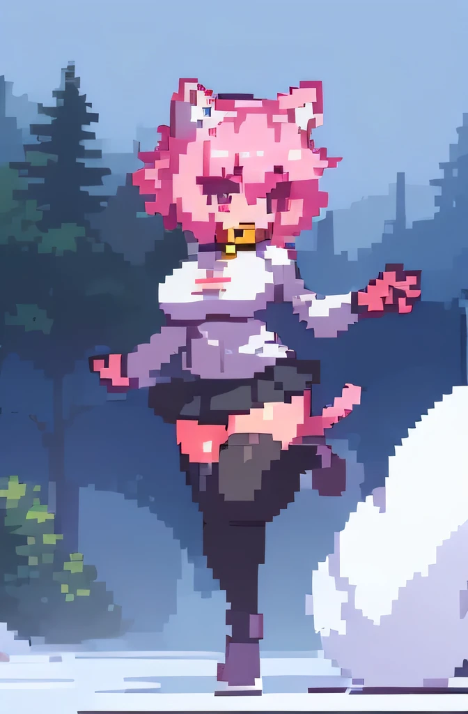 girl, cat ears, fluffy cat tail, masterpiece, best quality, CG, wallpaper, HDR, high quality, high definition, highly detailed, close up, solo, dynamic pose, full body, large breasts, angry face, short hair, bell around the neck, white tight sweater, short skirt, tight thin black stockings, hdr, ray tracing, ((snowy forest background))