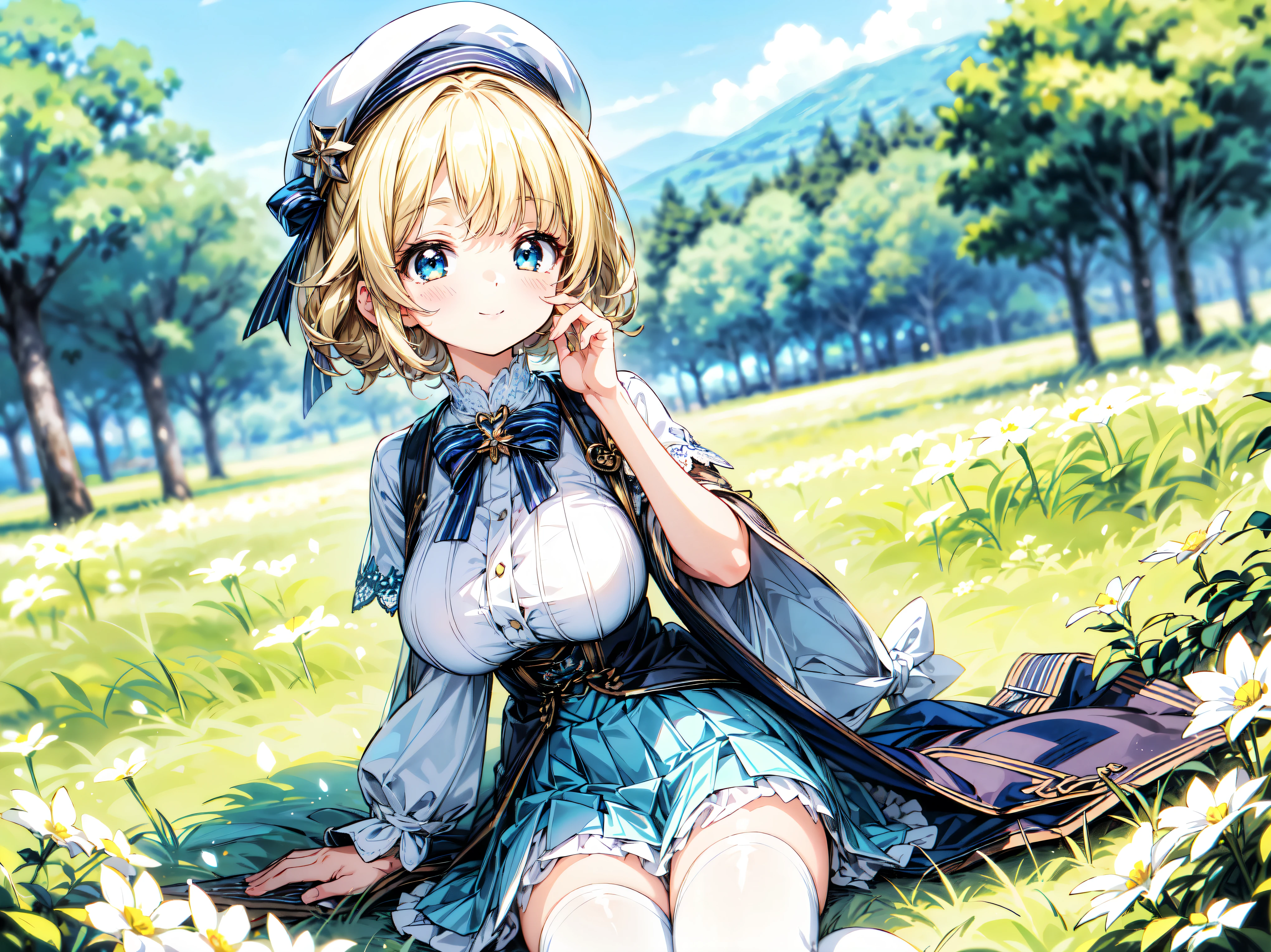 ((Ultra HD)), ((Super detailed)), ((Best Quality)), Blonde, ((Asymmetrical bangs)), KAWAII, happy smile, Big Breasts, Beret, Pleated mini skirt with lace, White Wizard, on grassland, (((Complete Hand))), ((depth of field, blurred background)), (anime moe art style:1.3),