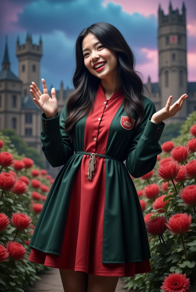 masterpiece photo of a dark-haired full-length woman with red eyes dressed in Hogwarts mage uniform actively says something while gesticulating, a cheerful facial expression, blush, interesting dynamic pose, against the background of college of magic, a rich blue-purple sky with clouds, a lot of vegetation, bright colors, intricate bizarre color combinations, colorful