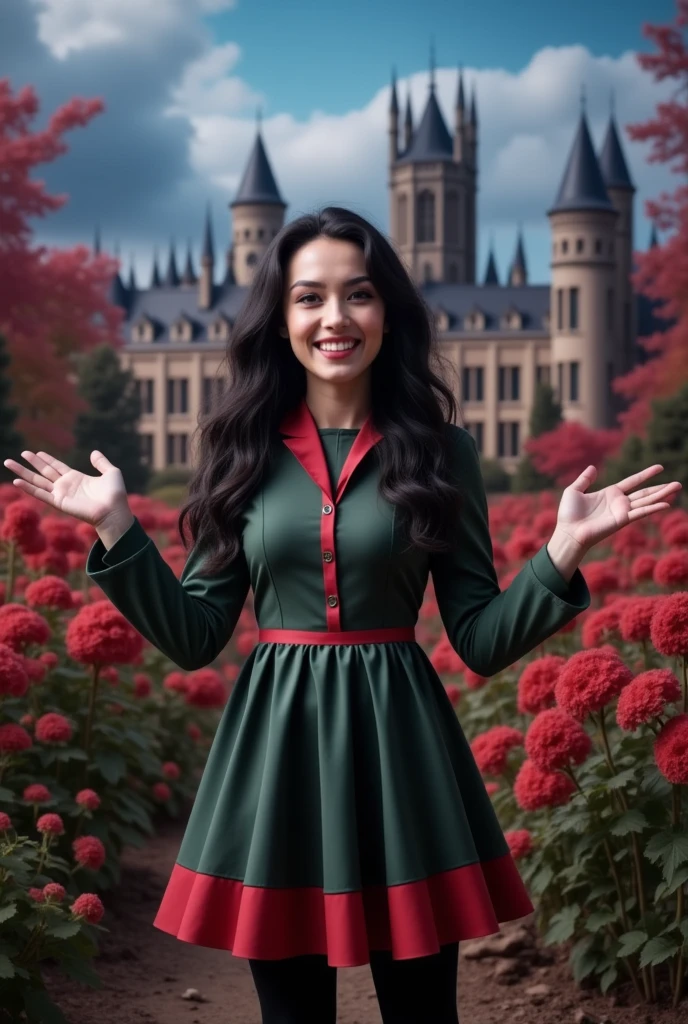 masterpiece photo of a dark-haired full-length woman with red eyes dressed in Hogwarts mage uniform actively says something while gesticulating, a cheerful facial expression, blush, interesting dynamic pose, against the background of college of magic, a rich blue-purple sky with clouds, a lot of vegetation, bright colors, intricate bizarre color combinations, colorful